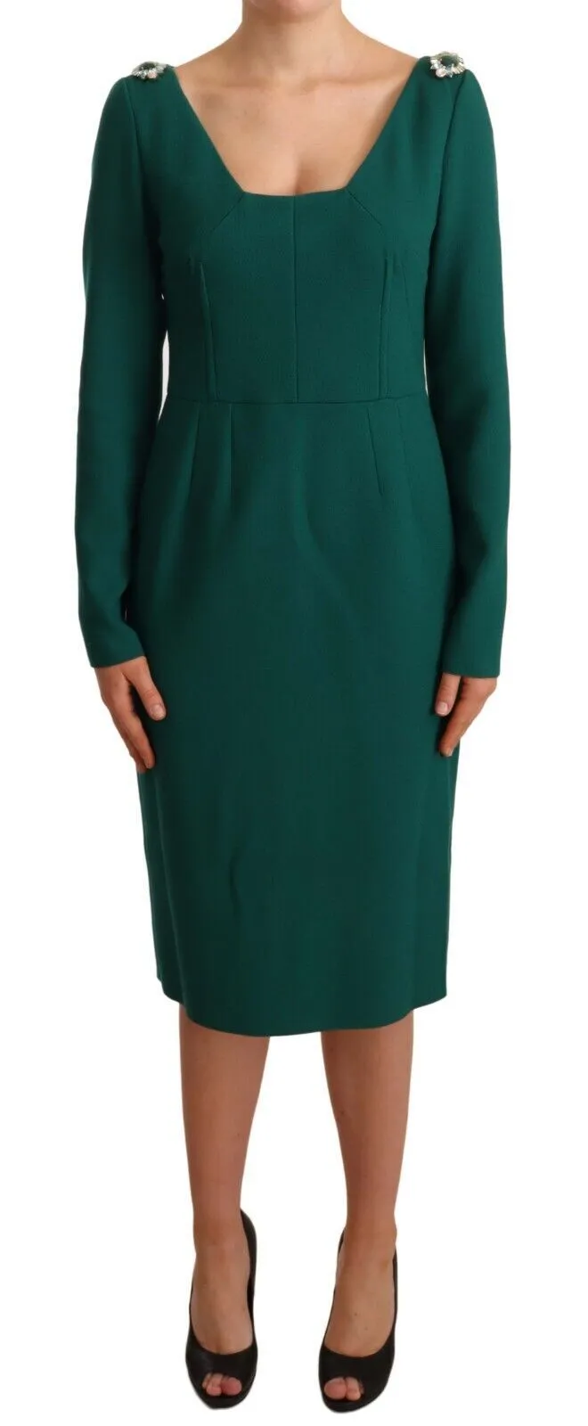 Dolce & Gabbana Women's Emerald Green Midi Sheath Dress with Crystal Brooch