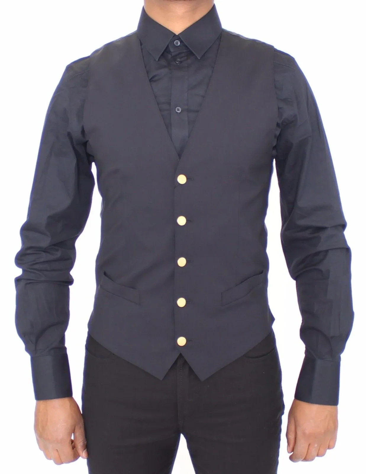 Dolce & Gabbana Men's Elegant Blue Wool Dress Vest with Gold Accents