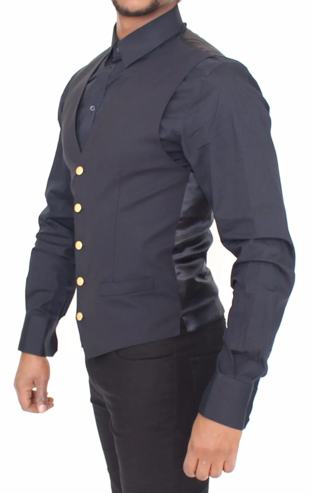 Dolce & Gabbana Men's Elegant Blue Wool Dress Vest with Gold Accents