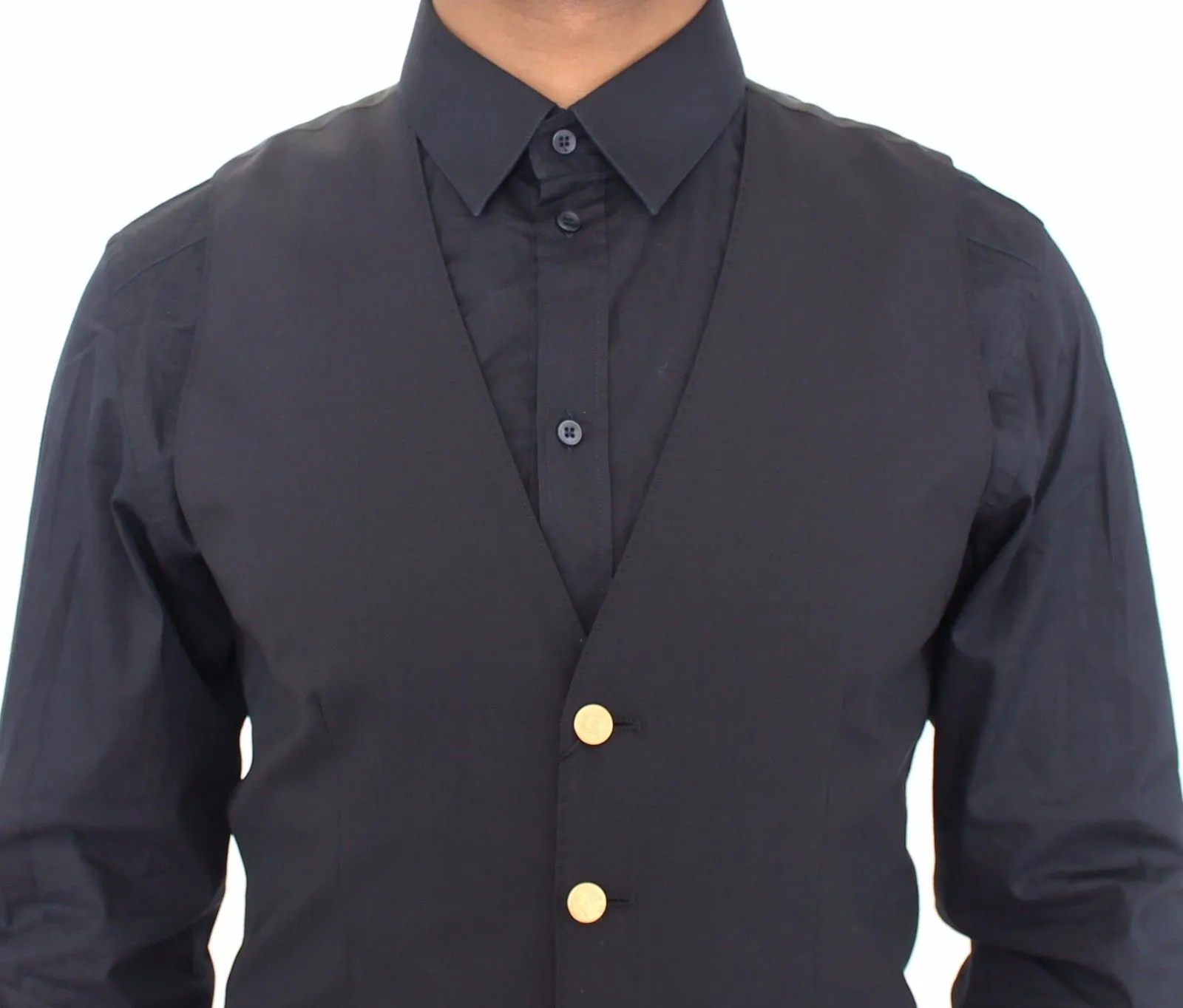 Dolce & Gabbana Men's Elegant Blue Wool Dress Vest with Gold Accents