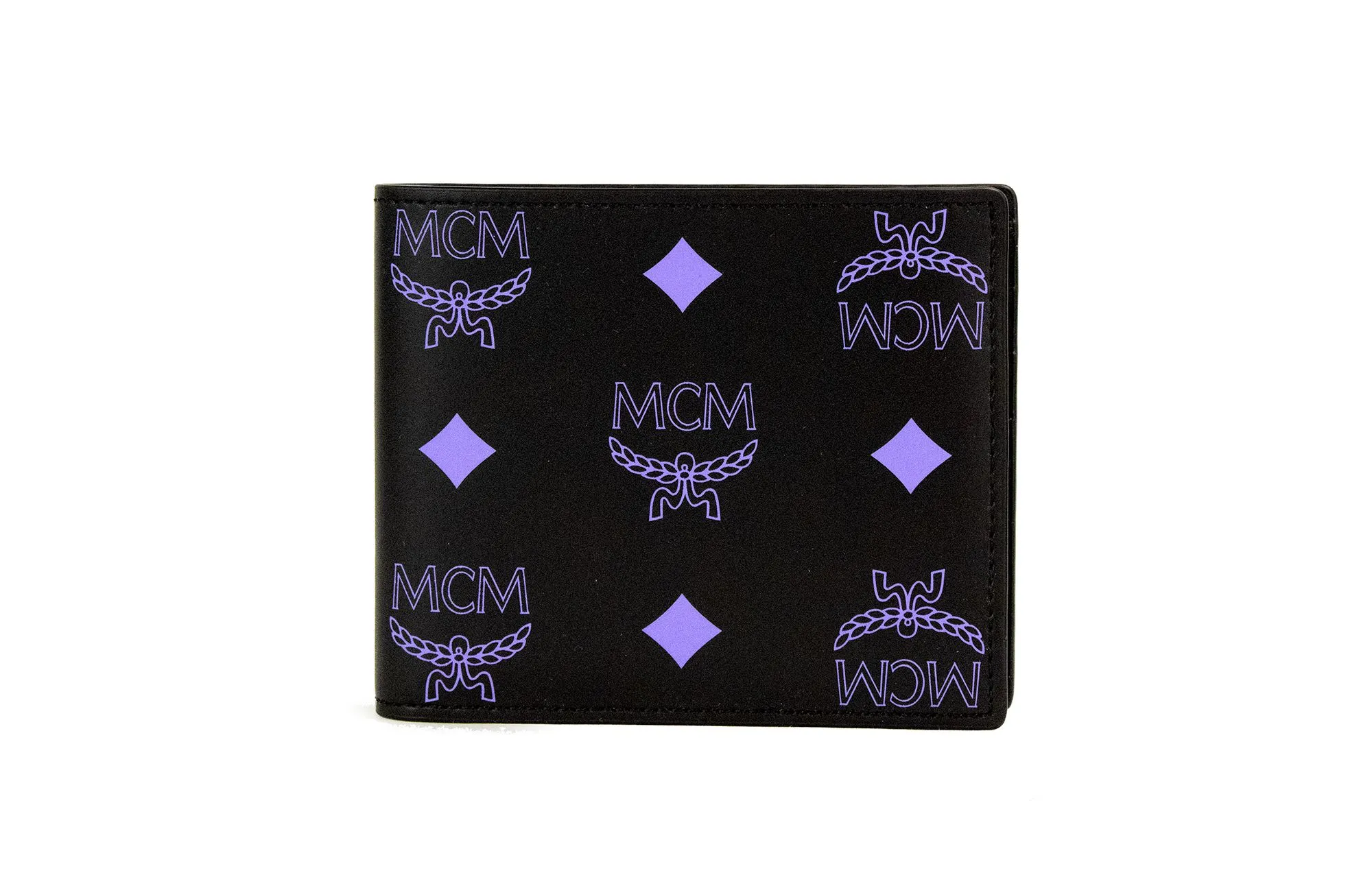MCM Men's Small Black Dahlia Purple Smooth Visetos Monogram Logo Leather Bifold Wallet