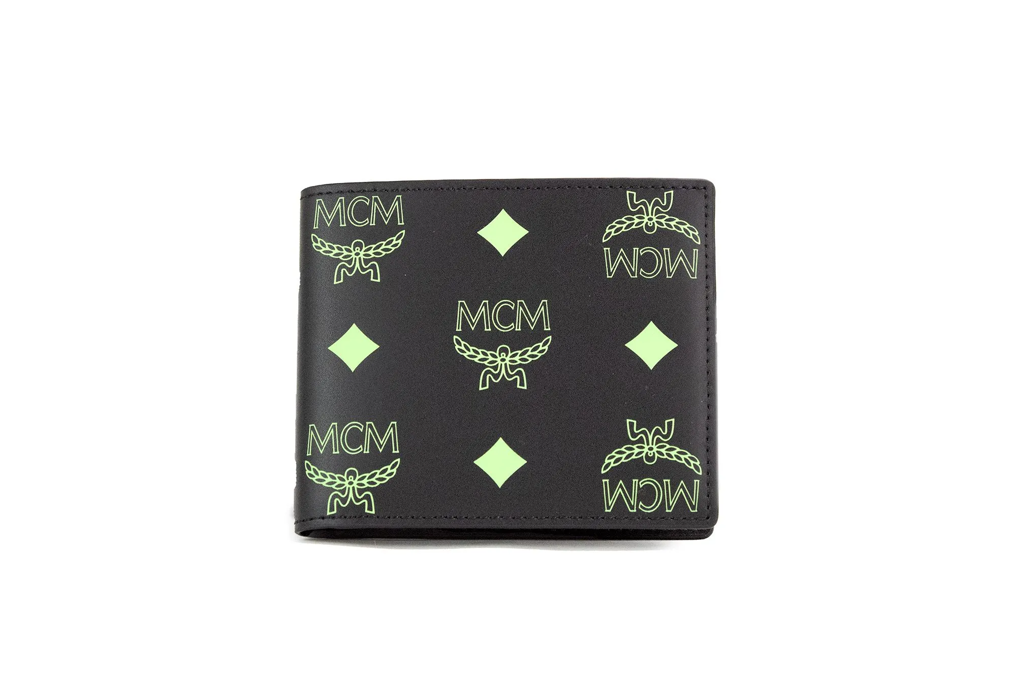 MCM Men's Small Black Summer Green Smooth Visetos Monogram Logo Leather Bifold Wallet