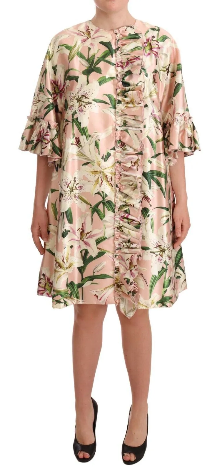 Dolce & Gabbana Women's Elegant Floral Ruffled Silk Long Coat