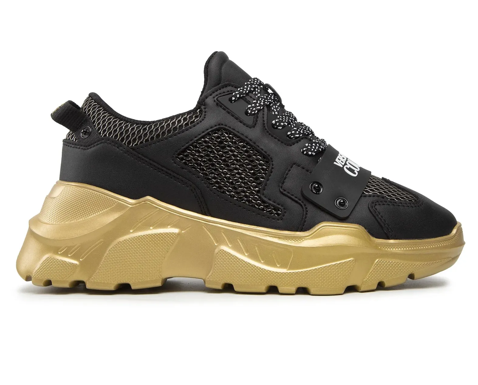 Versace Jeans Men's Black Leather Sneakers with Gold-Tone Details