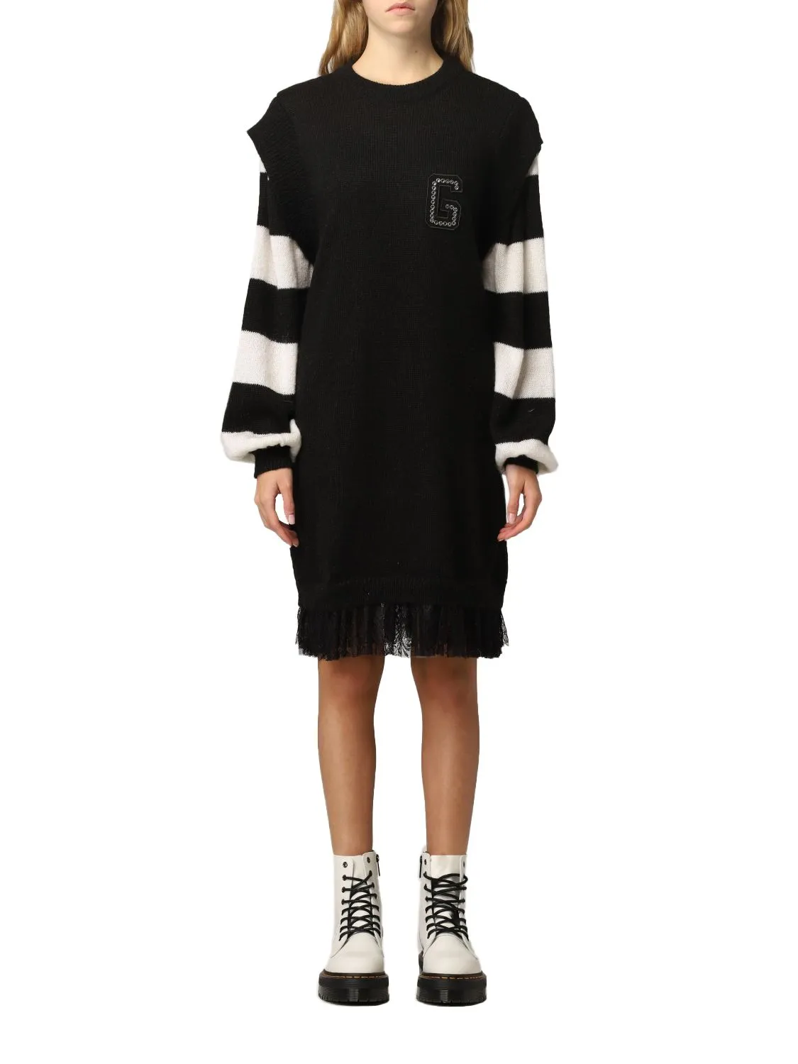 Gaelle Women's Elegant Black Knit Dress with Lace Flounce