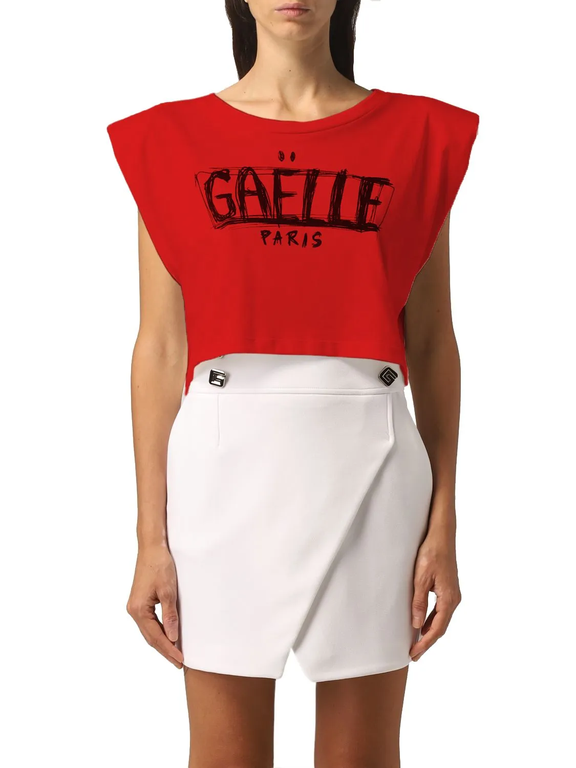 Gaelle Women's Chic Red Shoulder Pad Tee with Logo Accent