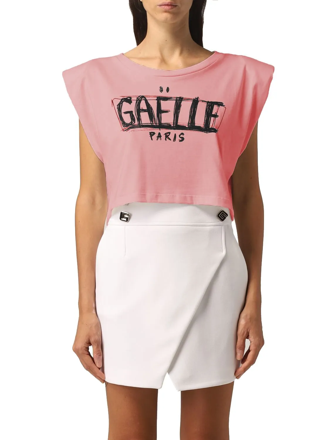 Gaelle Women's Chic Jersey Tee with Shoulder Pads & Front Logo