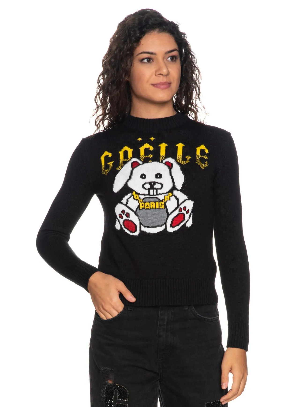 Gaelle Women's Elegant Black Wool-Blend Pullover with Fantasy Design