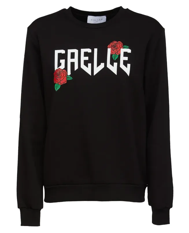 Gaelle Women's Elegant Black Crewneck Sweatshirt with Floral Accent