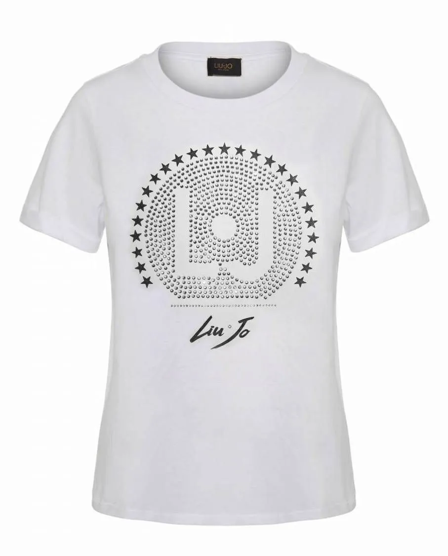 Liu Jo Women's Elegant White Cotton Tee with Rhinestone Detailing