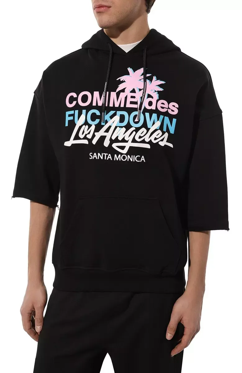 Comme Des Fuckdown Men's Black Cotton Half-Sleeve Hooded Sweatshirt