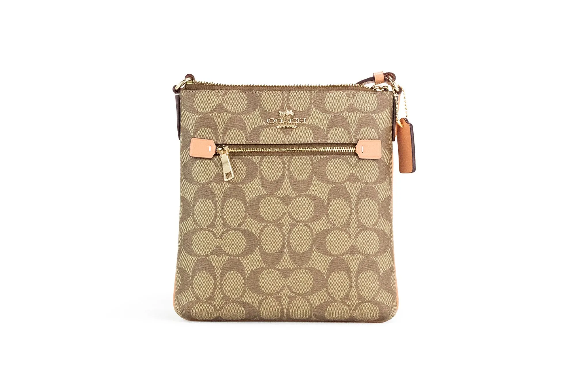 COACH Women's Rowan Mini Khaki Light Coral Signature Canvas File Crossbody Bag