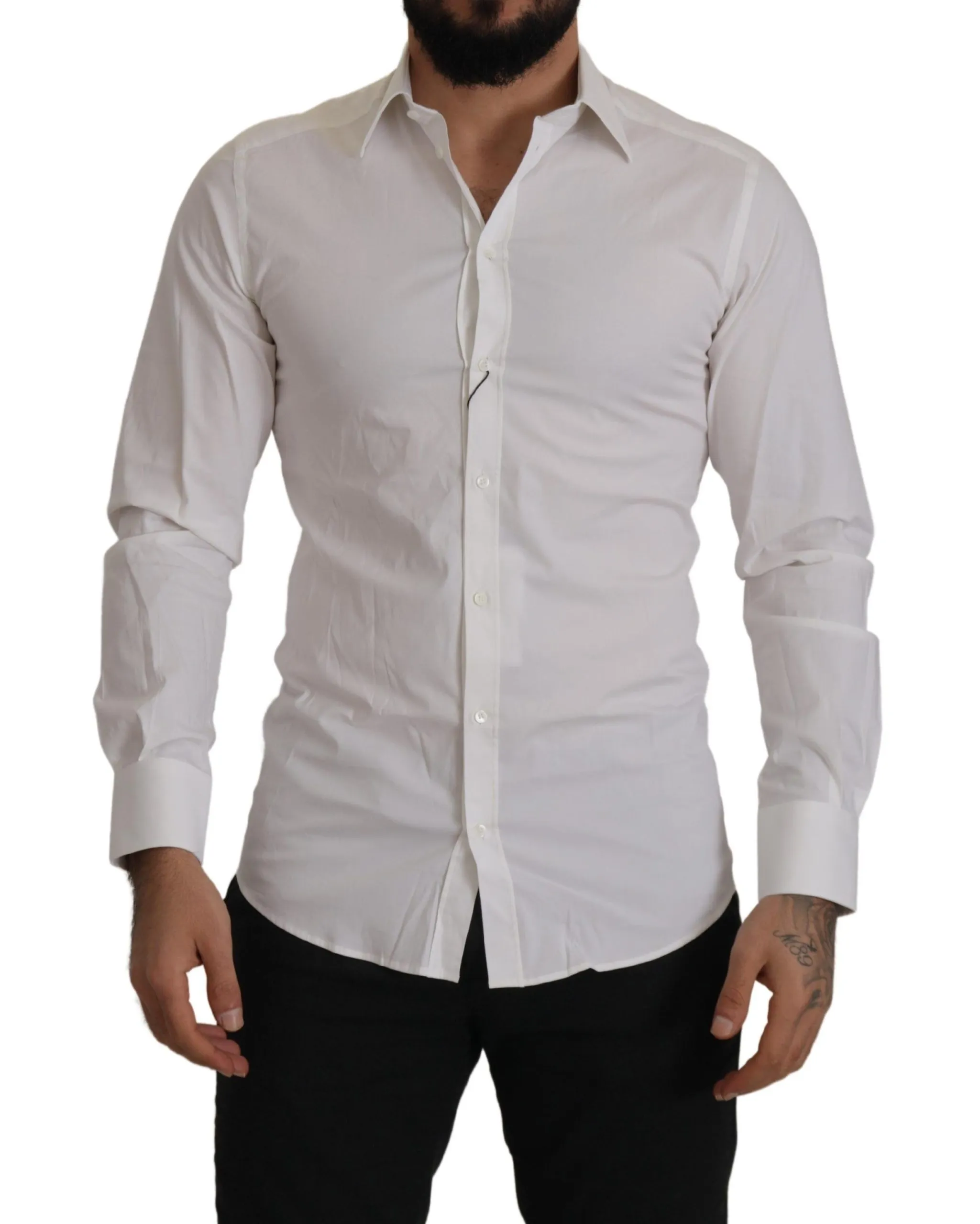 Dolce & Gabbana Men's Elegant White Slim Fit Gold Dress Shirt