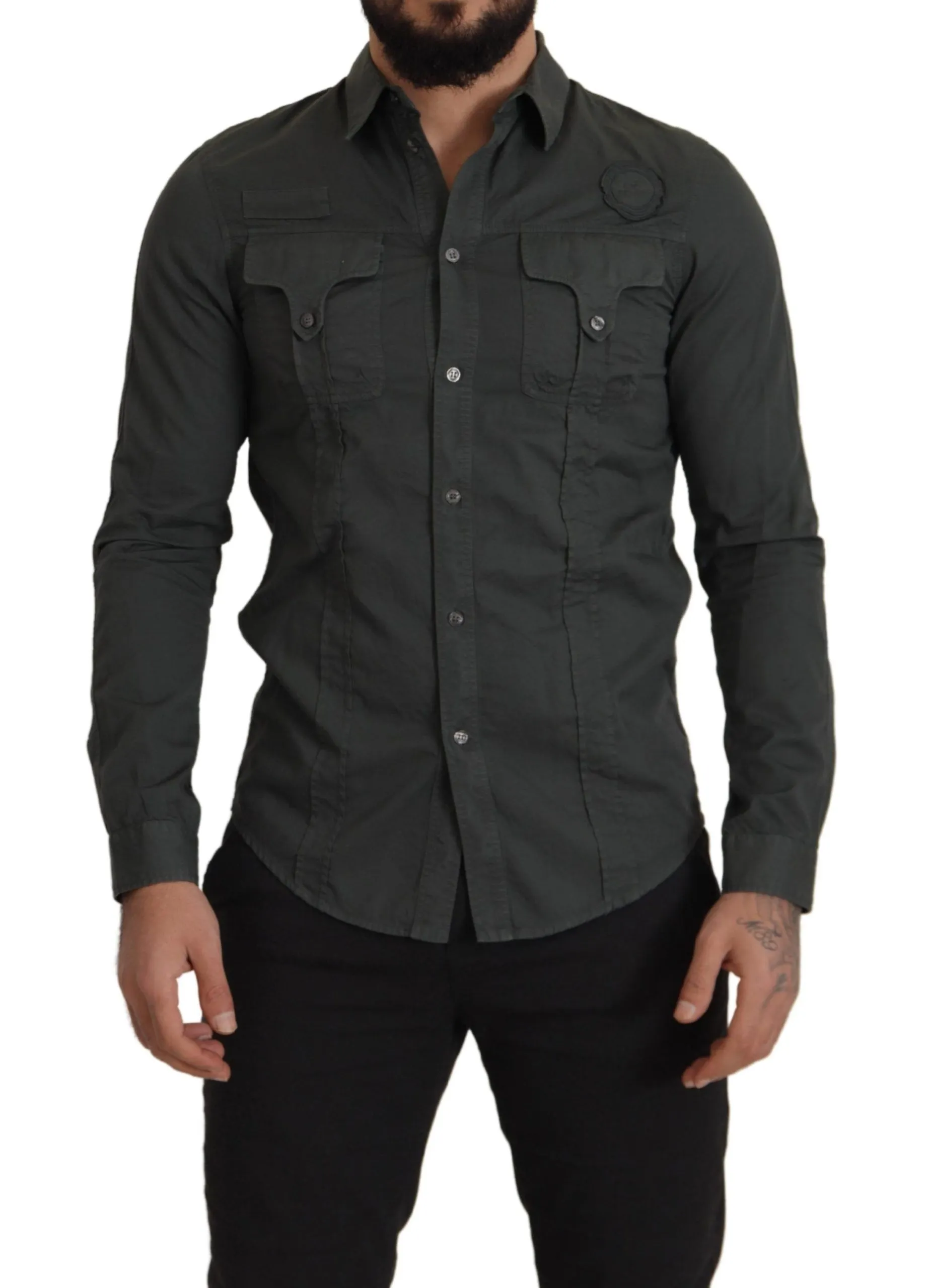 GF Ferre Men's Sleek Dark Gray Cotton Casual Shirt