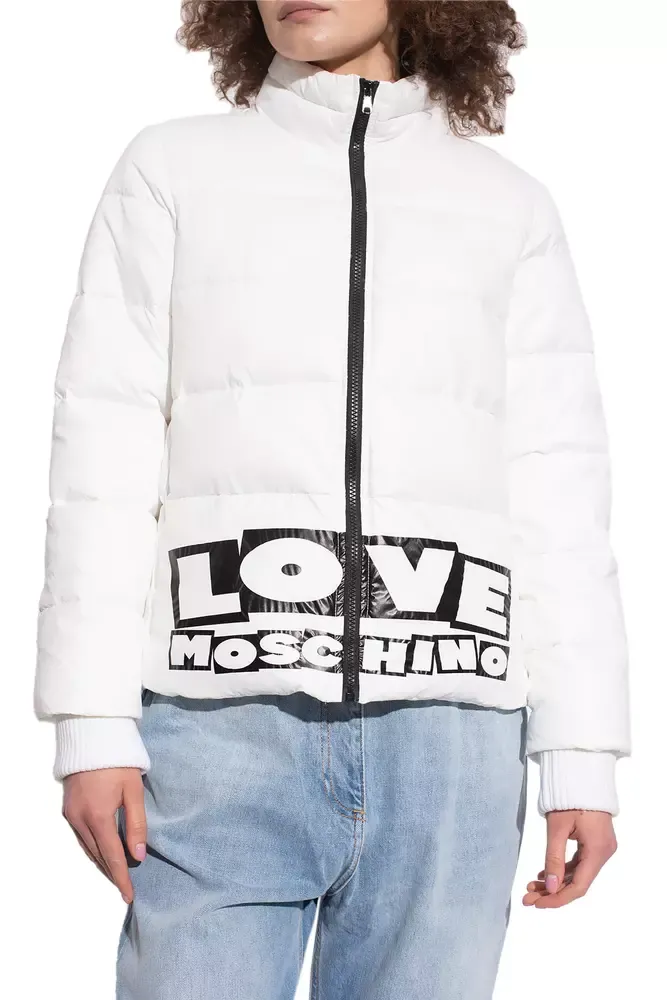 Love Moschino Women's Chic White Nylon Down Jacket with Bold Logo Print