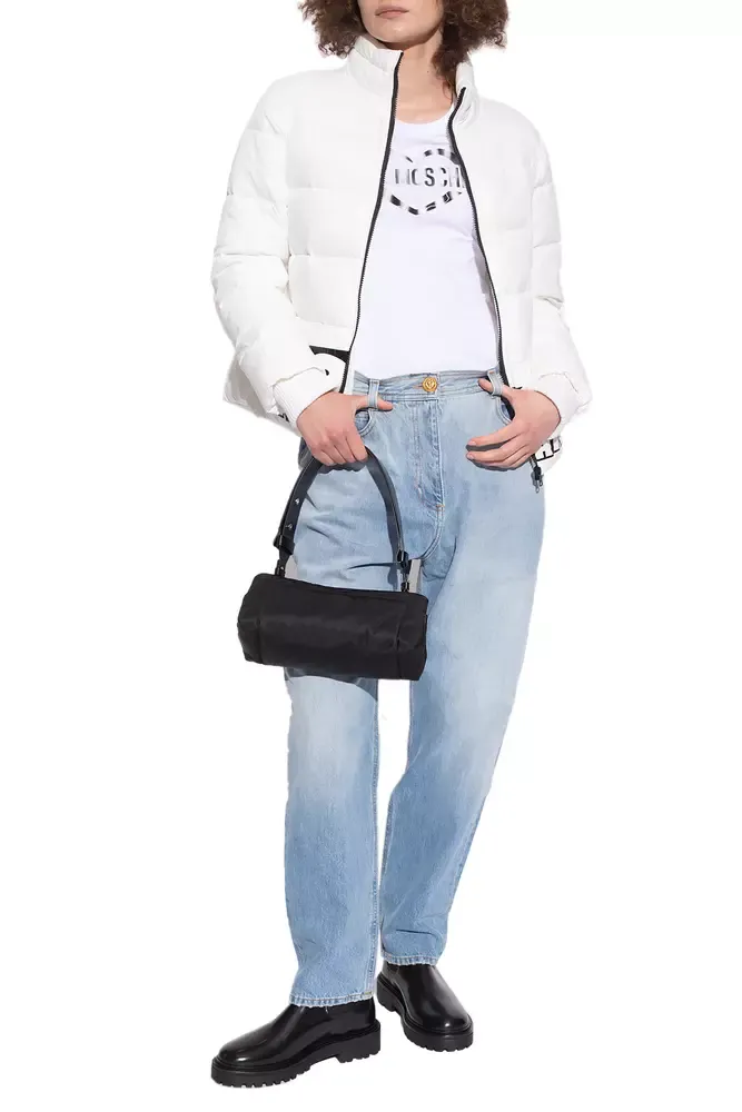 Love Moschino Women's Chic White Nylon Down Jacket with Bold Logo Print