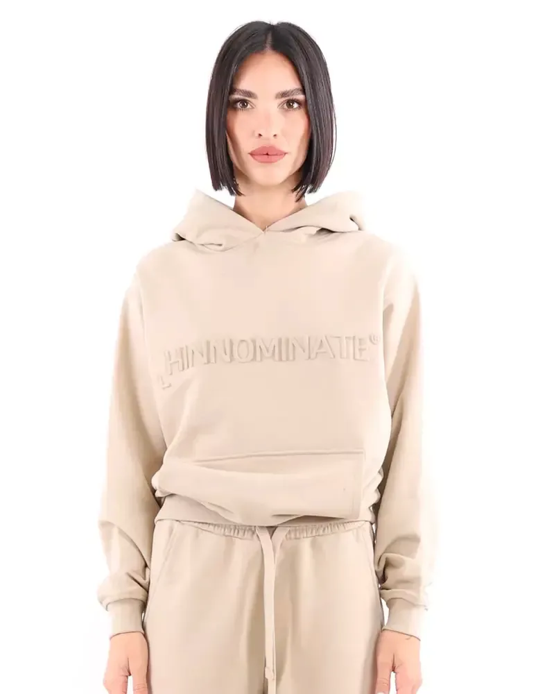 Hinnominate Women's Beige Cotton Hooded Sweatshirt with 3D Logo
