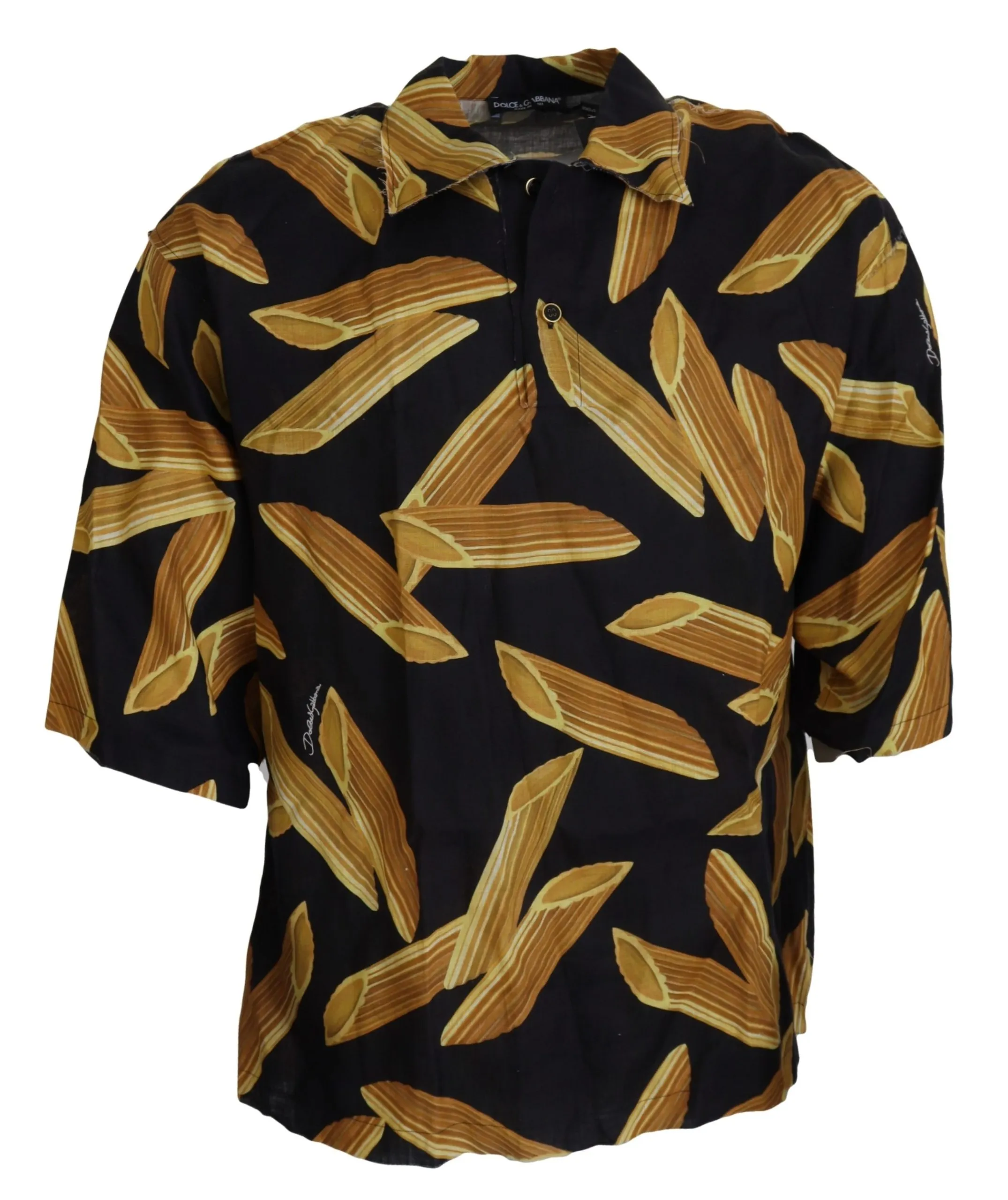 Dolce & Gabbana Men's Black Linen Shirt with Penne Rigate Print