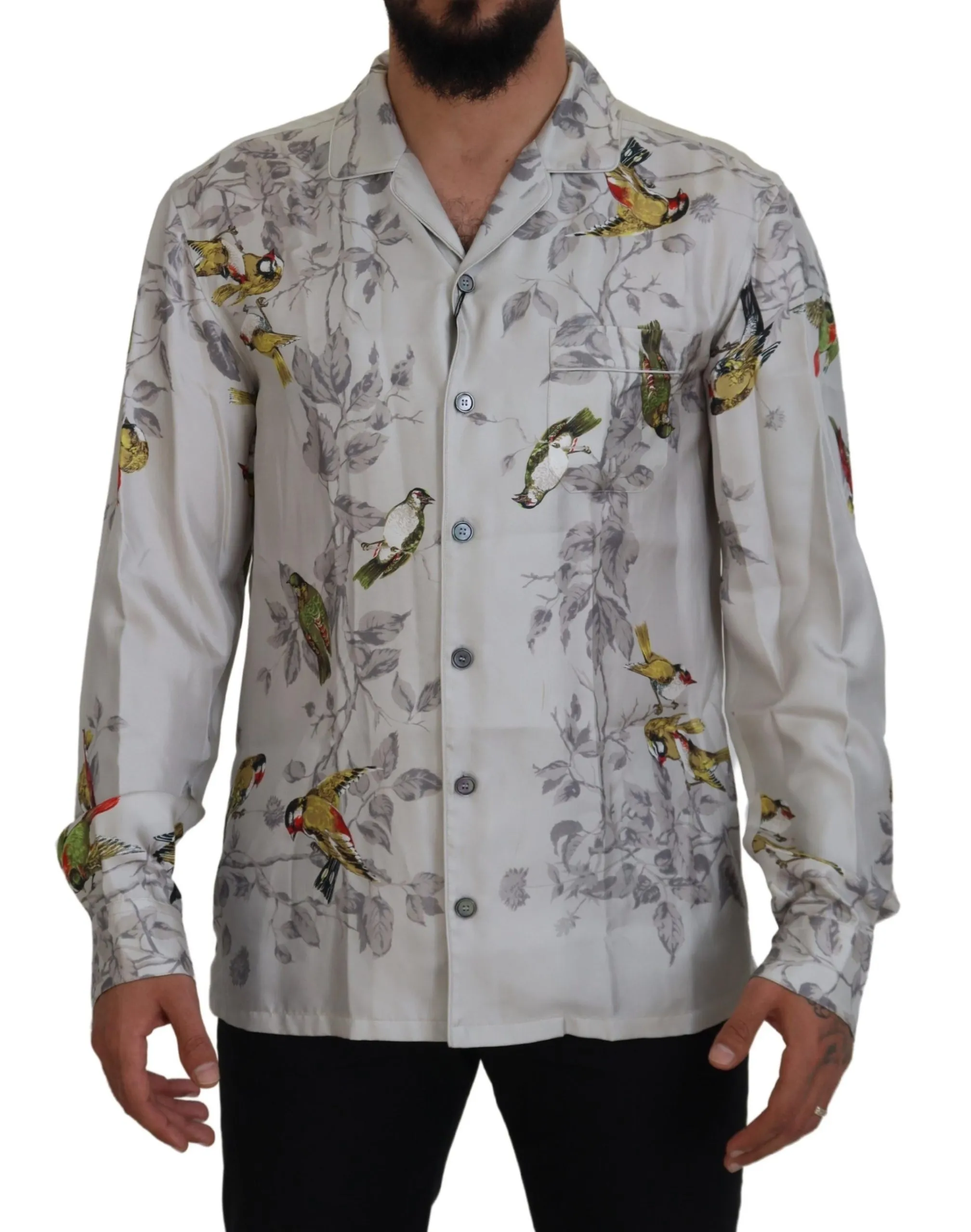 Dolce & Gabbana Men's Elegant Silk Bird Print Casual Shirt