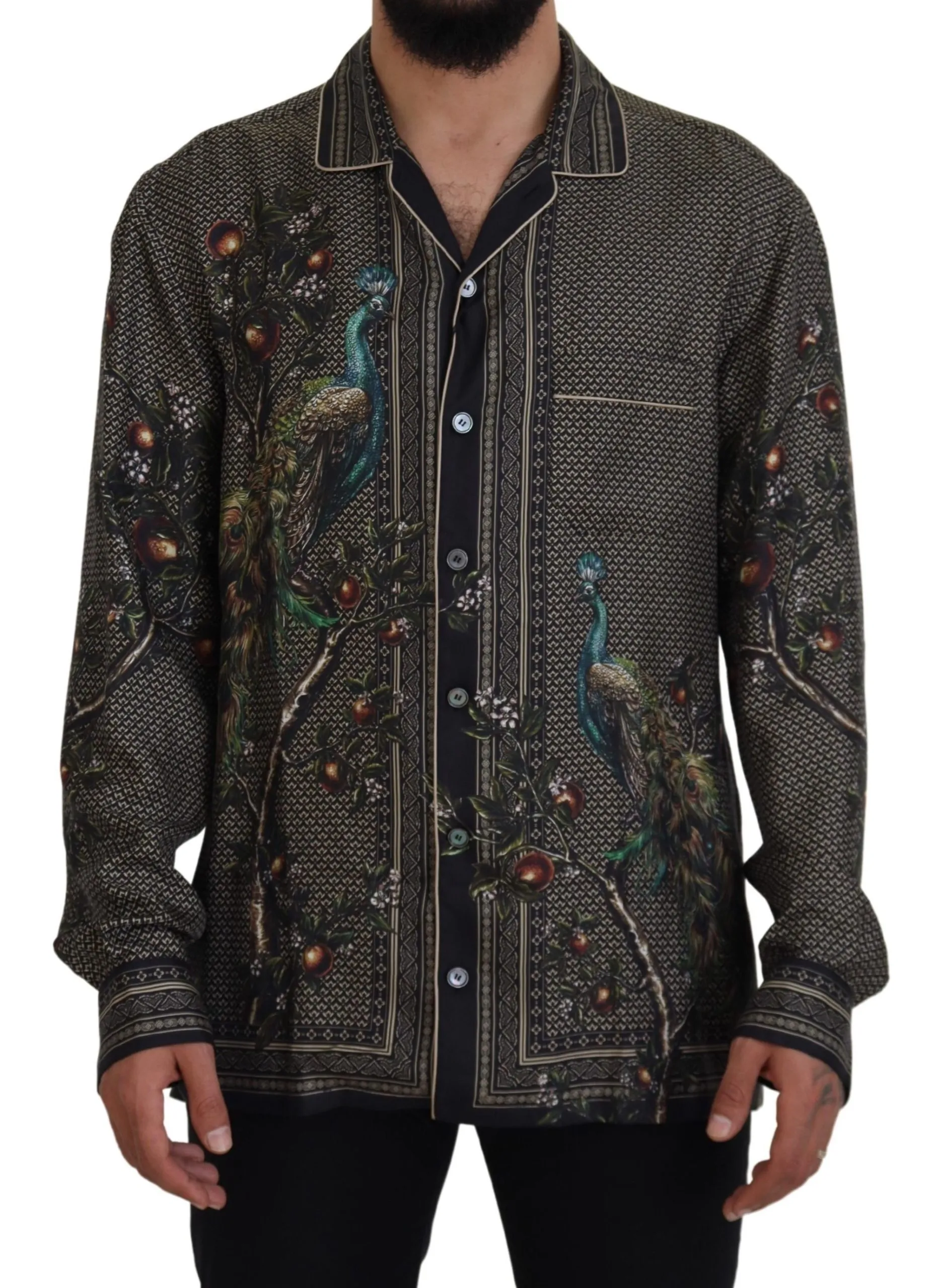Dolce & Gabbana Men's Chic Ostrich Print Silk Pajama Shirt