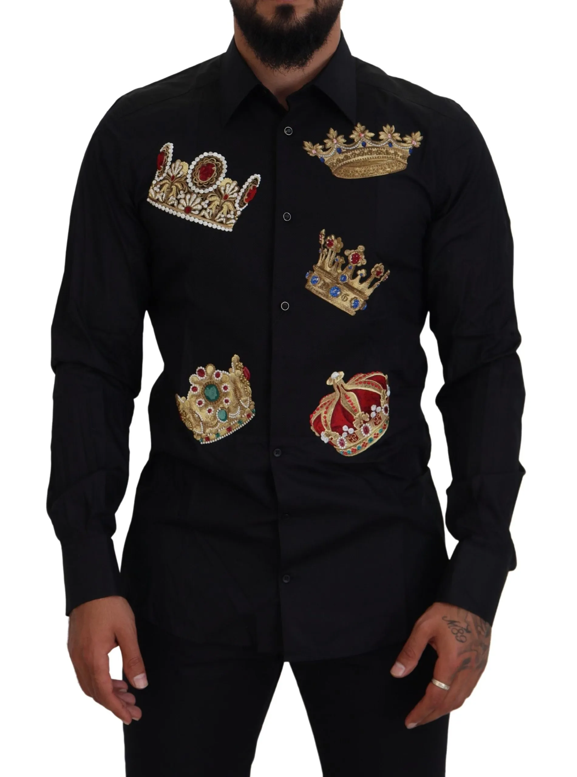 Dolce & Gabbana Men's Elegant Black Slim Fit Dress Shirt with Crown Embroidery