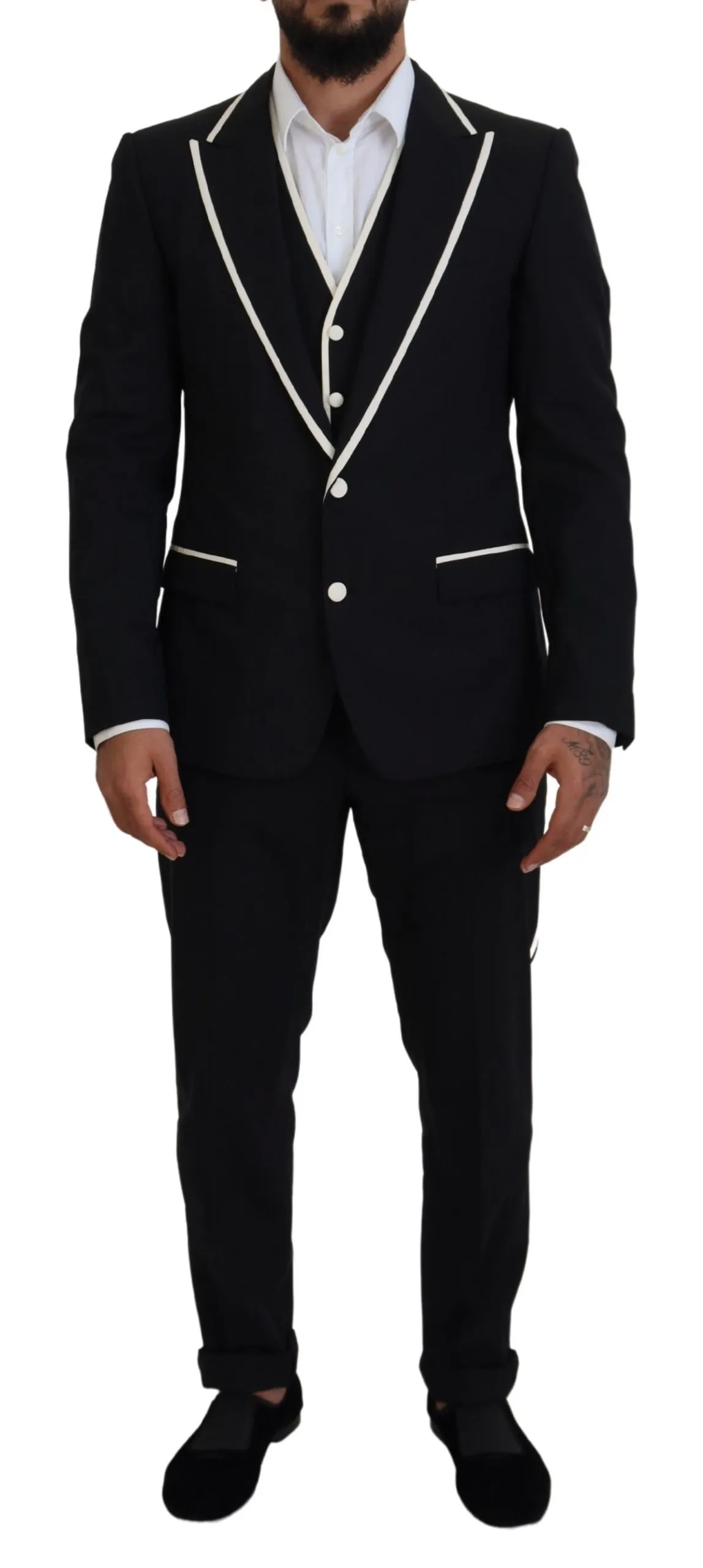 Dolce & Gabbana Men's Elegant Black and White Slim Fit Three Piece Suit