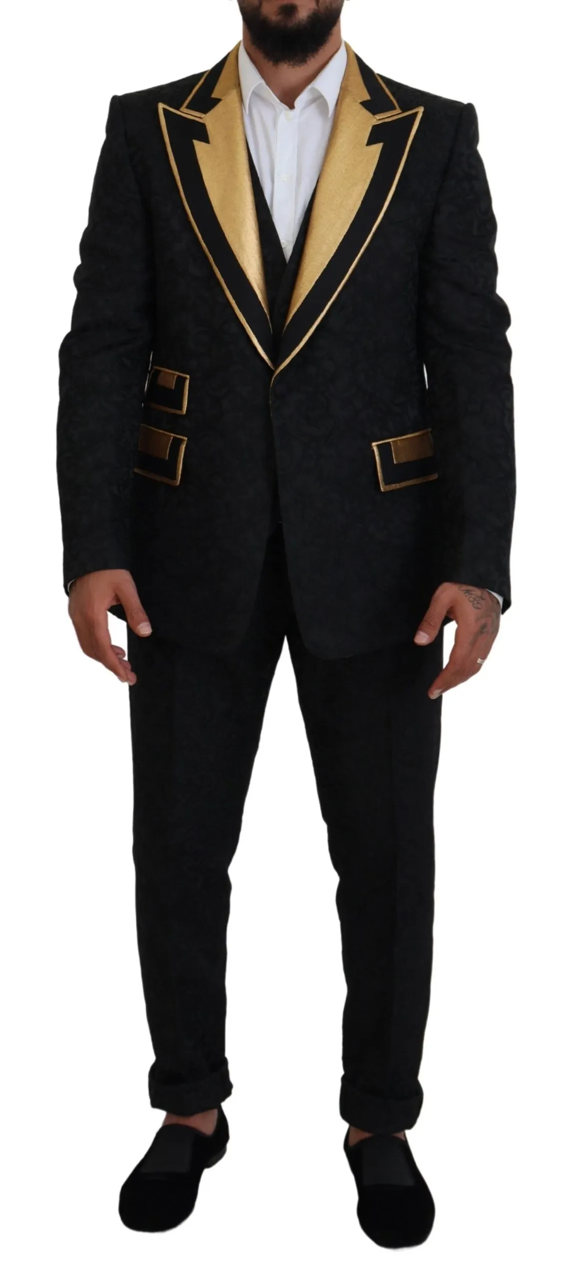Dolce & Gabbana Men's Elegant Black & Gold Slim Fit 3 Piece Suit