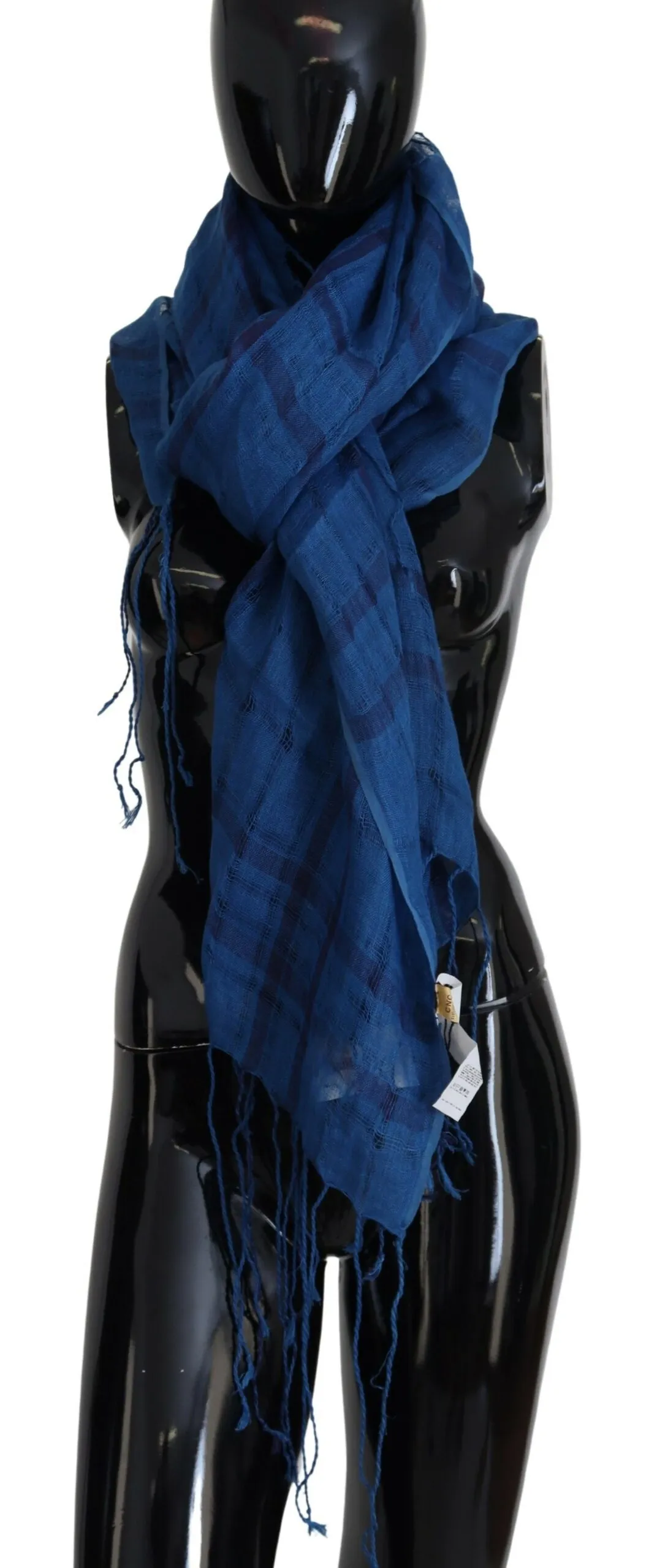Costume National Women's Chic Linen Fringed Scarf in Blue Checkered