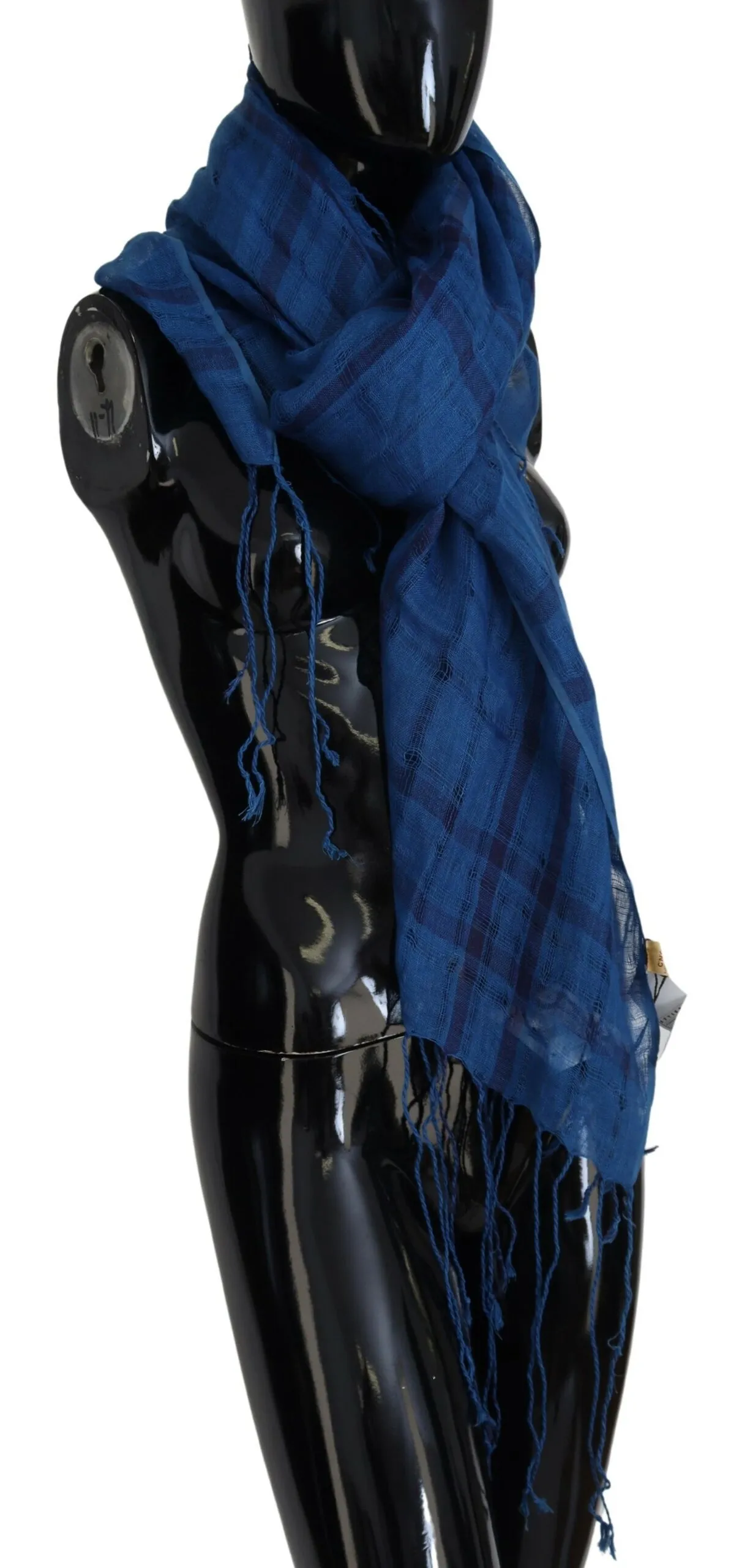 Costume National Women's Chic Linen Fringed Scarf in Blue Checkered