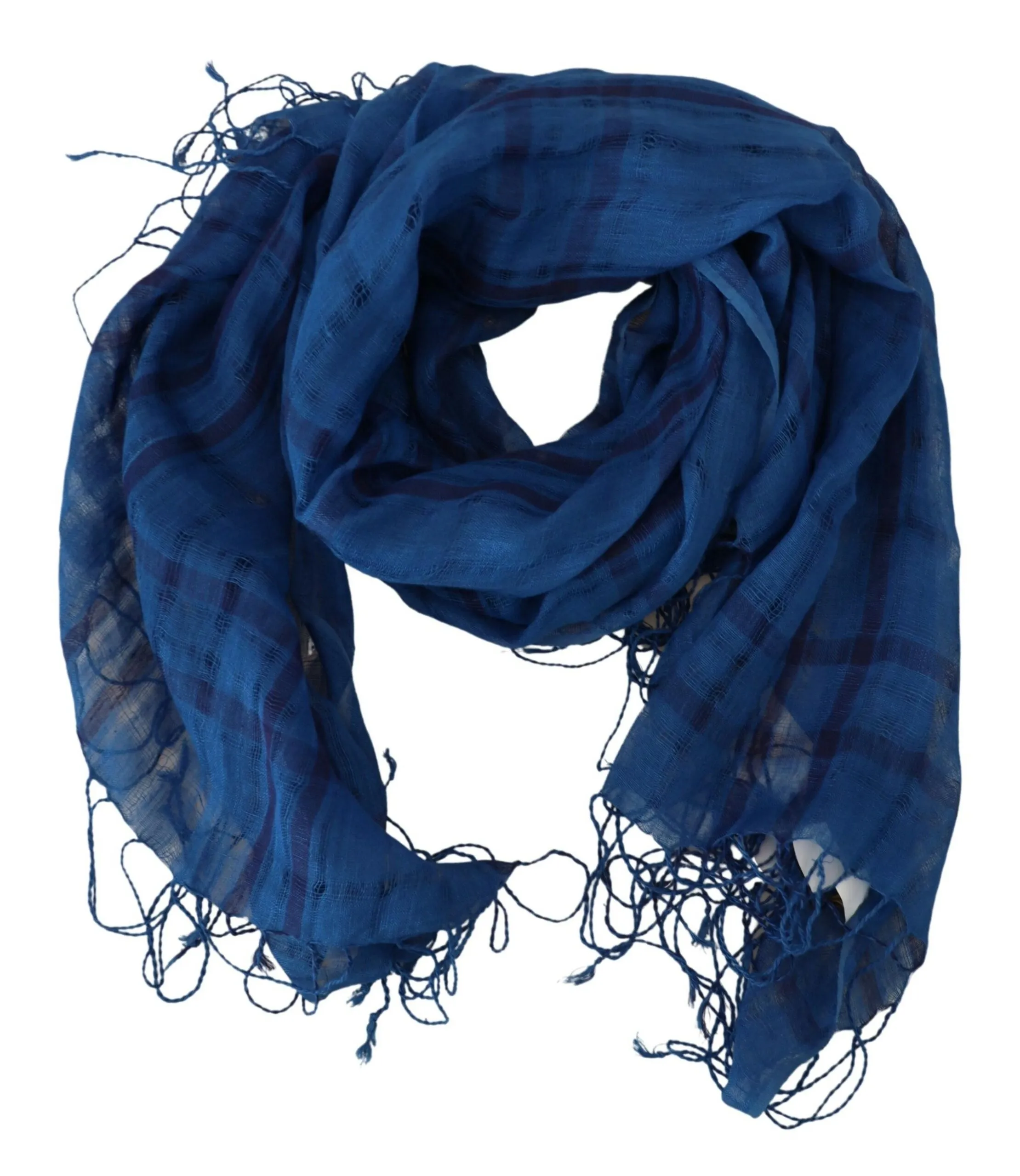 Costume National Women's Chic Linen Fringed Scarf in Blue Checkered