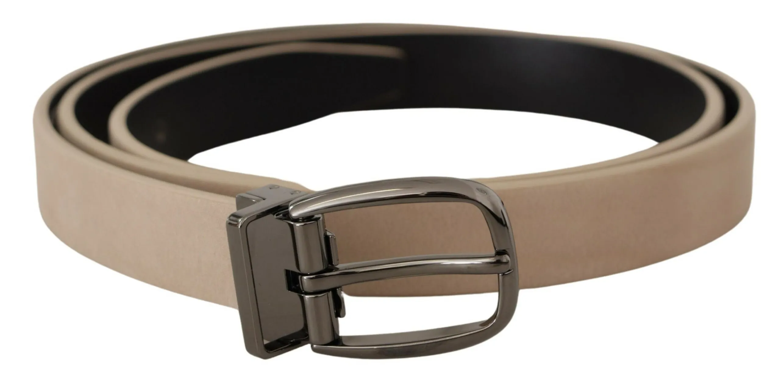 Dolce & Gabbana Men's Elegant Beige Leather Belt with Silver Tone Buckle