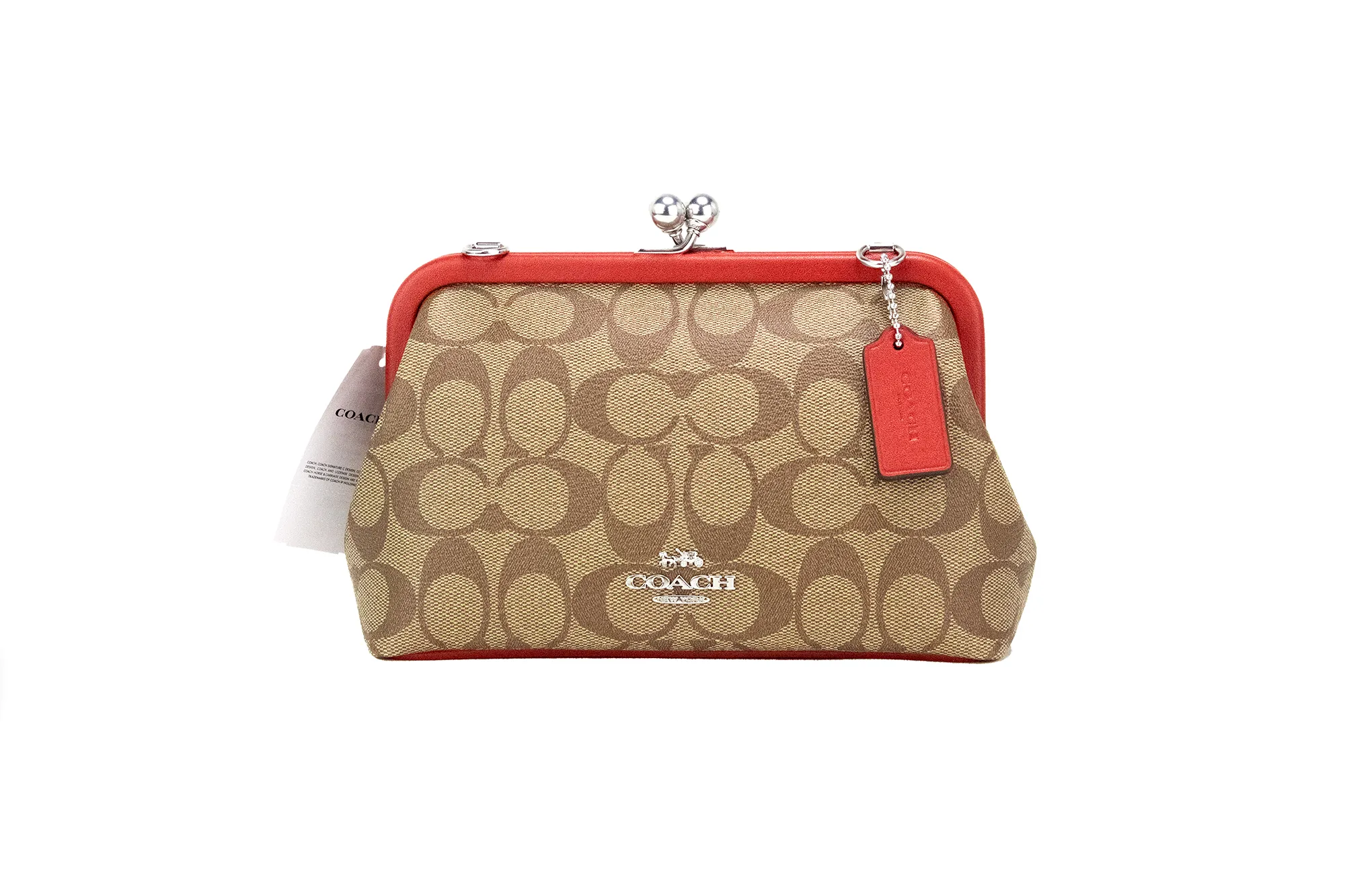COACH Women's Nora Small Khaki Red Signature PVC Kisslock Chain Crossbody Bag