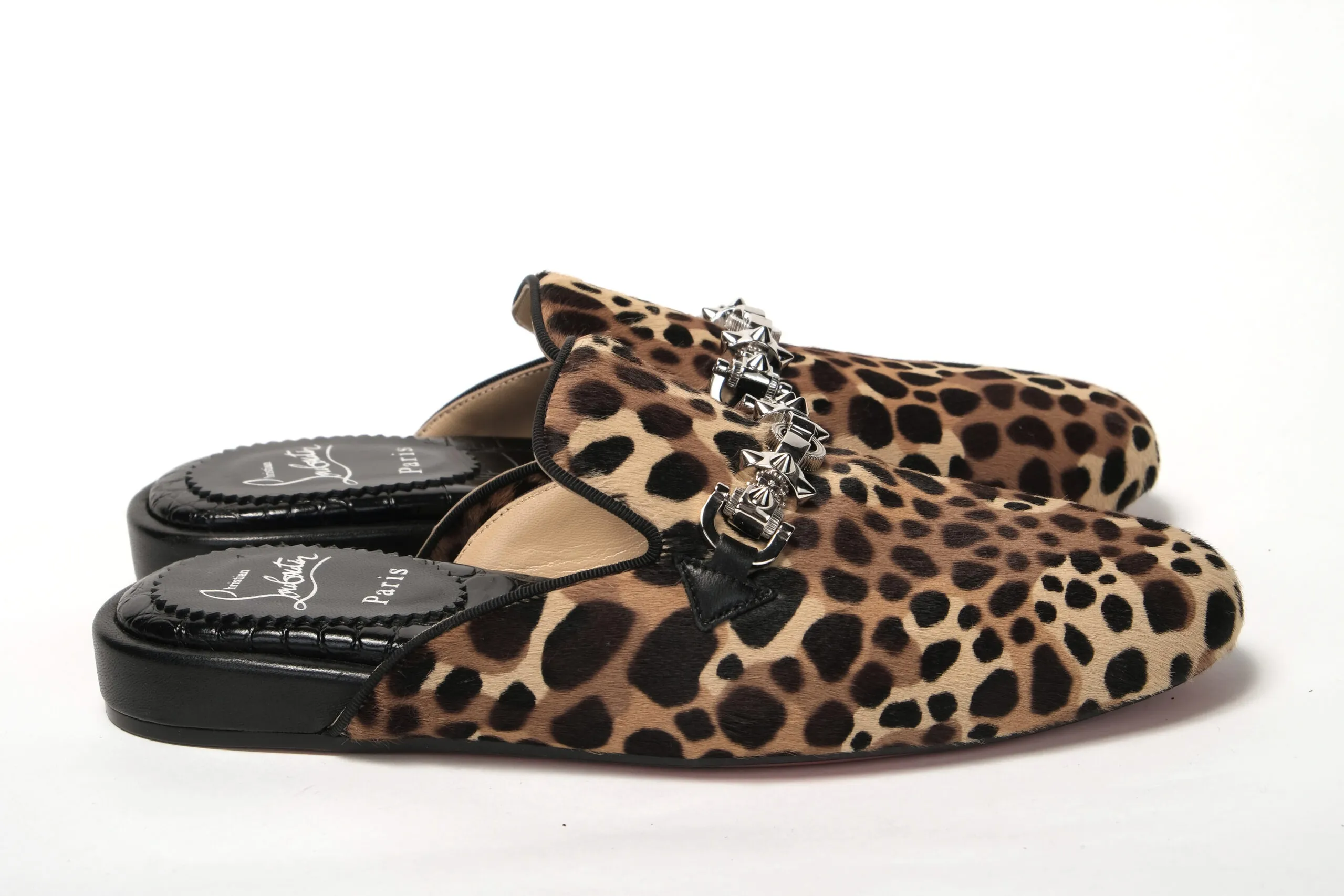 Christian Louboutin Women's Black Brown Leapord Print Open Back Loafer
