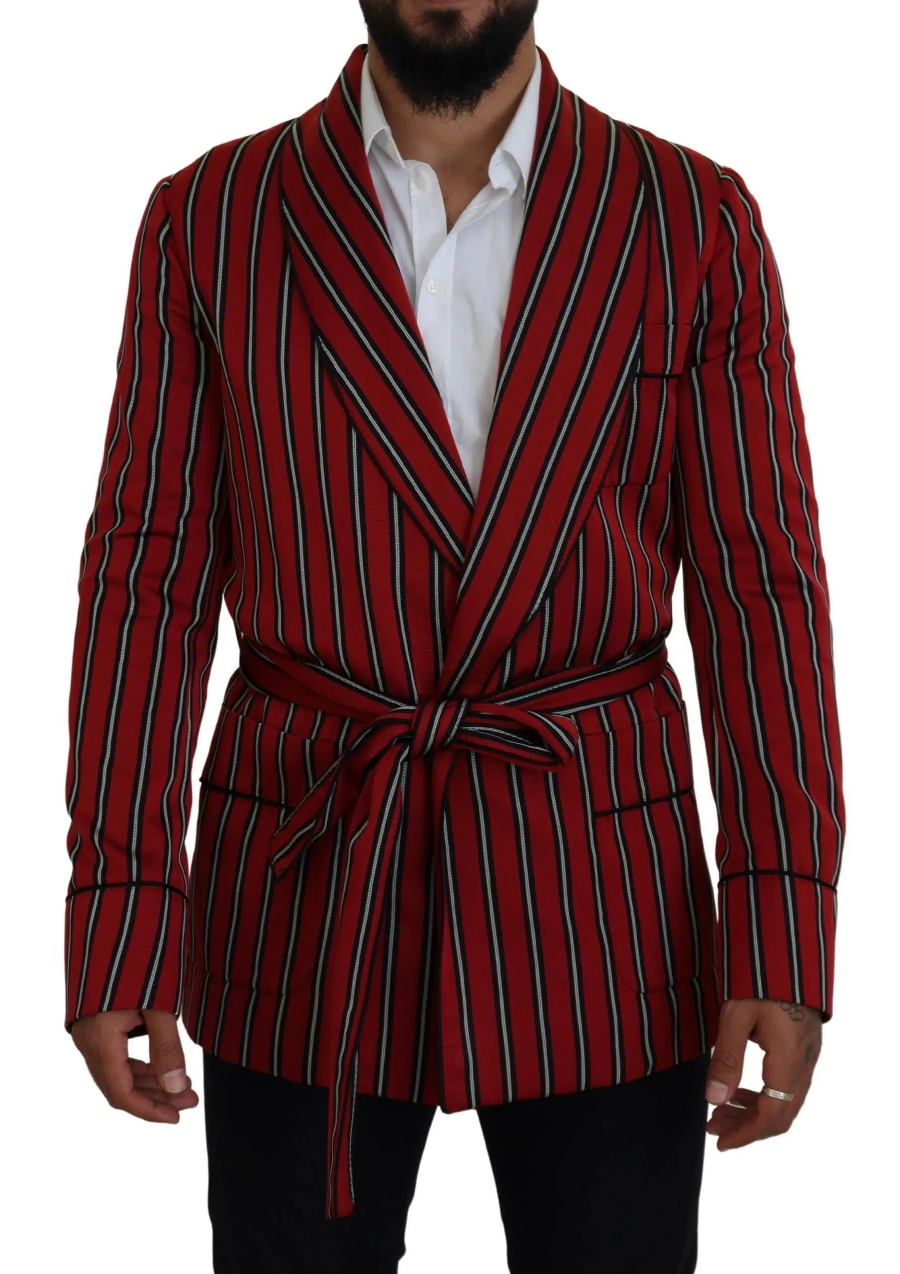 Dolce & Gabbana Men's Elegant Red Striped Long Robe Luxury Wear