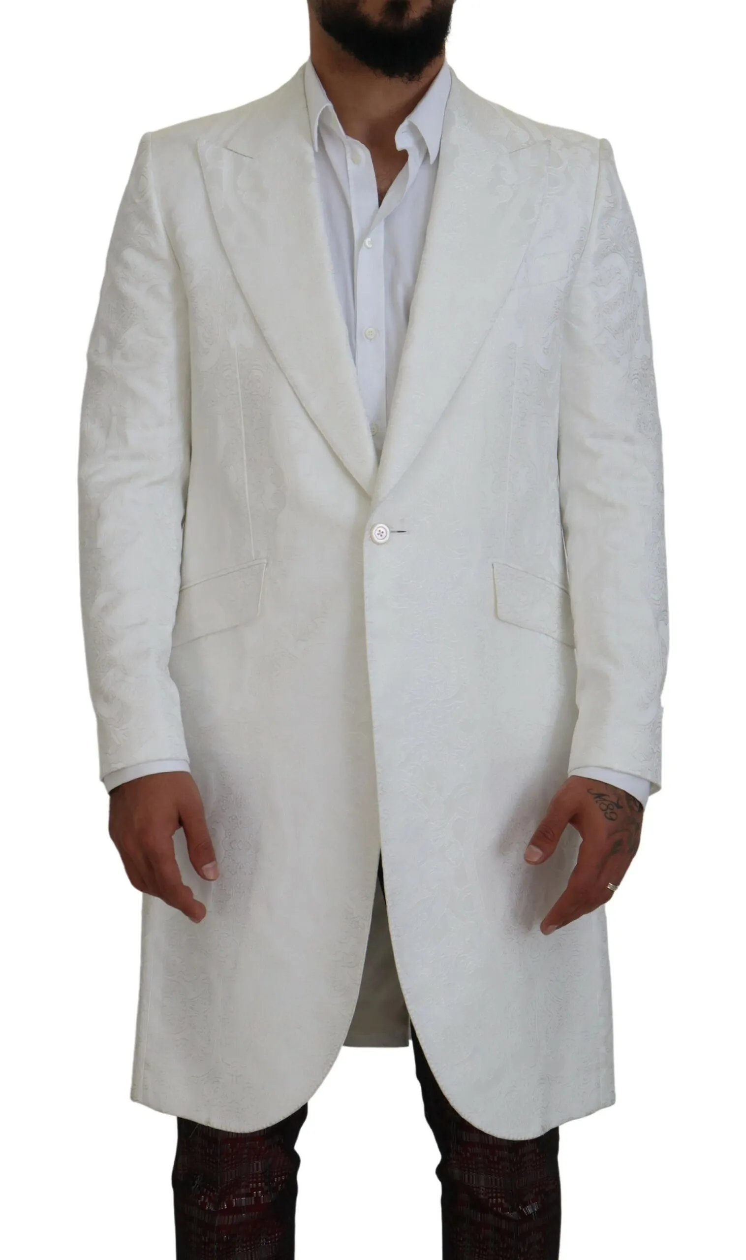 Dolce & Gabbana Men's Elegant White Floral Brocade Trench Coat