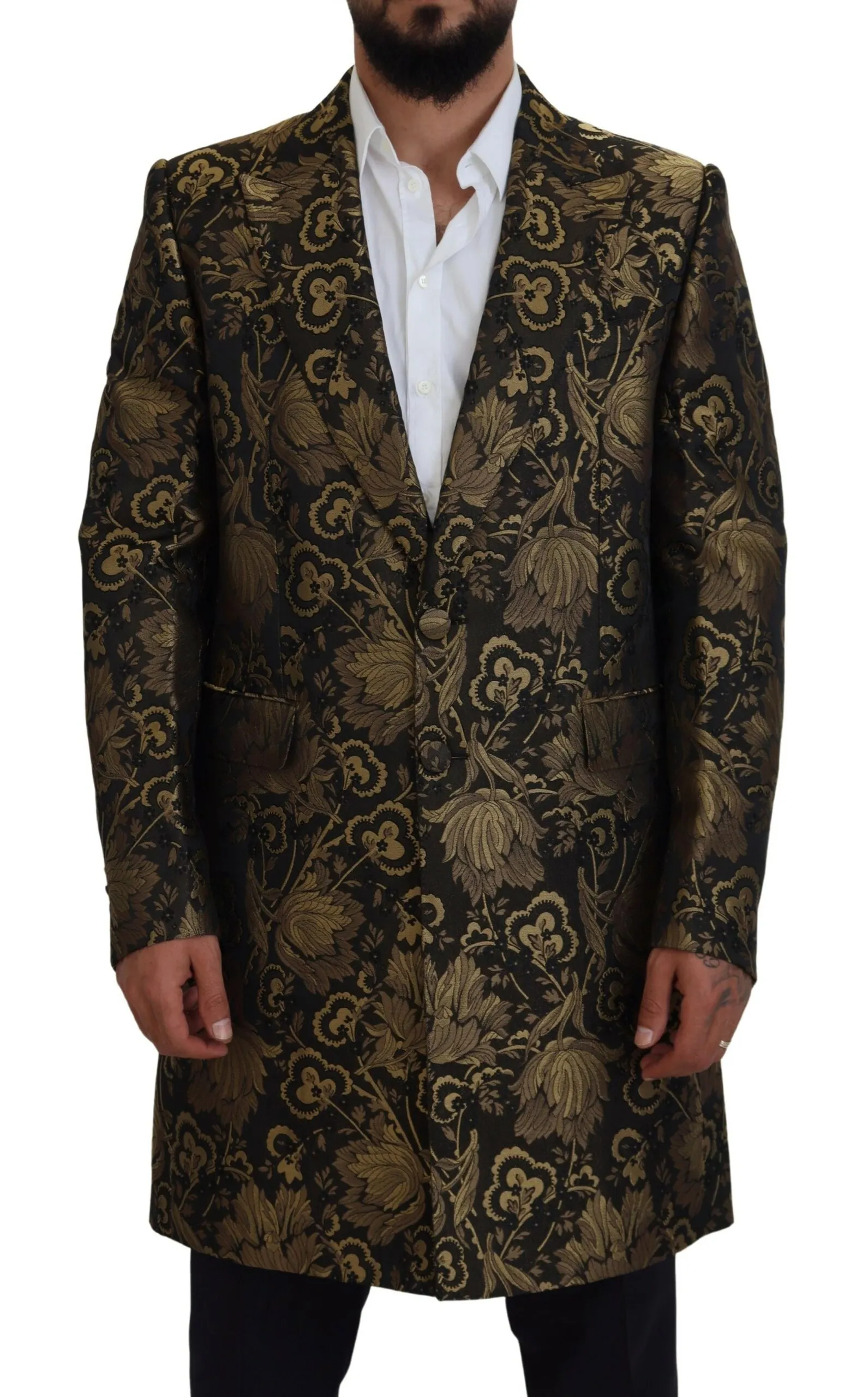 Domenico Tagliente Men's Opulent Black and Gold Jacquard Coat