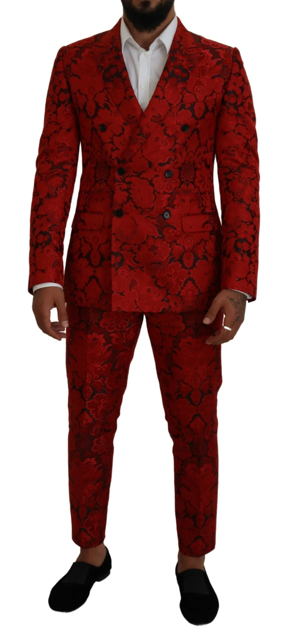 Dolce & Gabbana Men's Italian Designer Slim Fit Red Jacquard Suit
