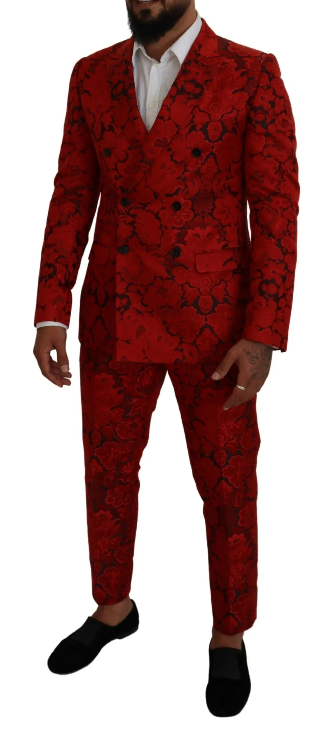 Dolce & Gabbana Men's Italian Designer Slim Fit Red Jacquard Suit