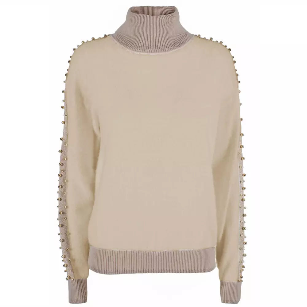 Yes Zee Women's Beige Metallic Sleeve Turtleneck Sweater