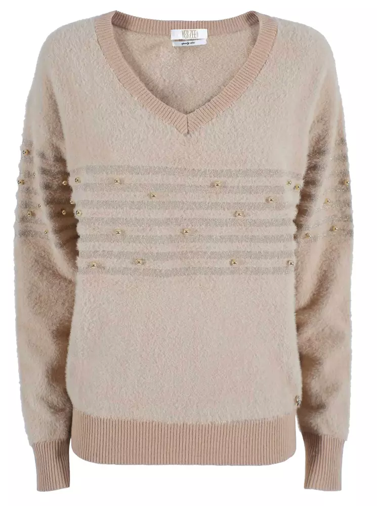 Yes Zee Women's Chic Beige V-Neck Shirt with Metallic Detailing