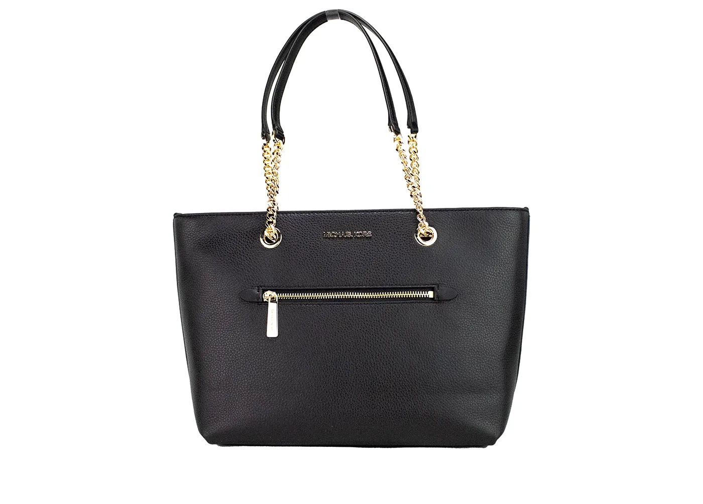 Michael Kors Women's Jet Set Medium Black Leather Front Zip Chain Tote Purse Bag