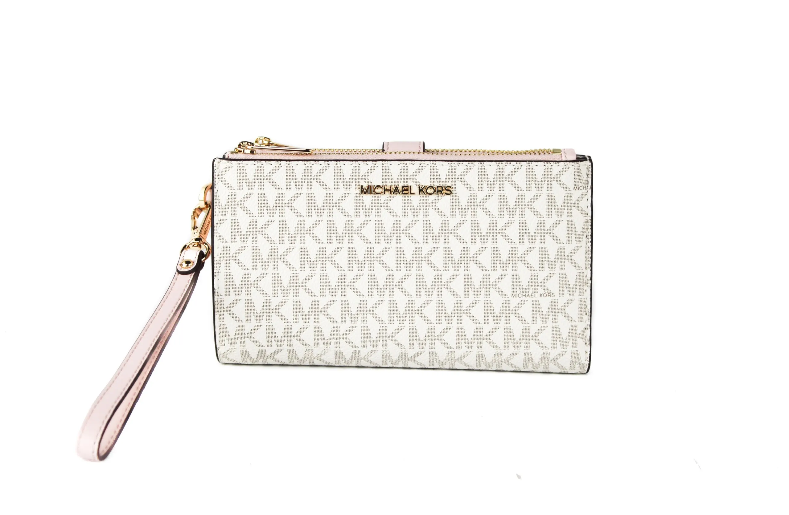 Michael Kors Women's Jet Set Travel Leather Logo Large Double Zip Wristlet Wallet Vanilla Powder Blush