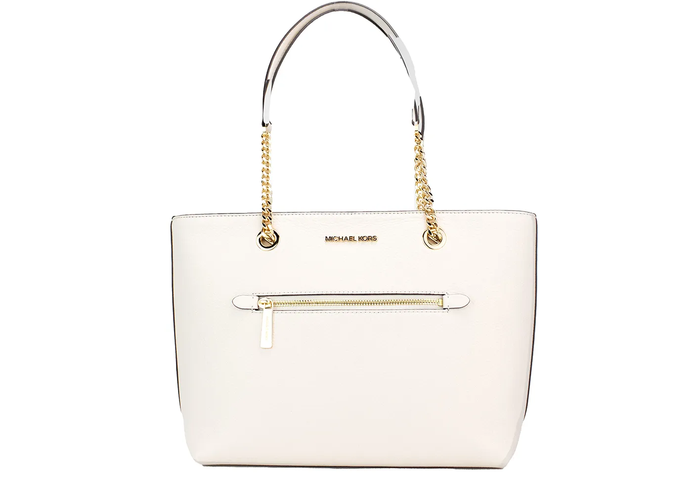 Michael Kors Women's Jet Set Medium Cream Leather Front Pocket Zip Chain Tote Bag Purse