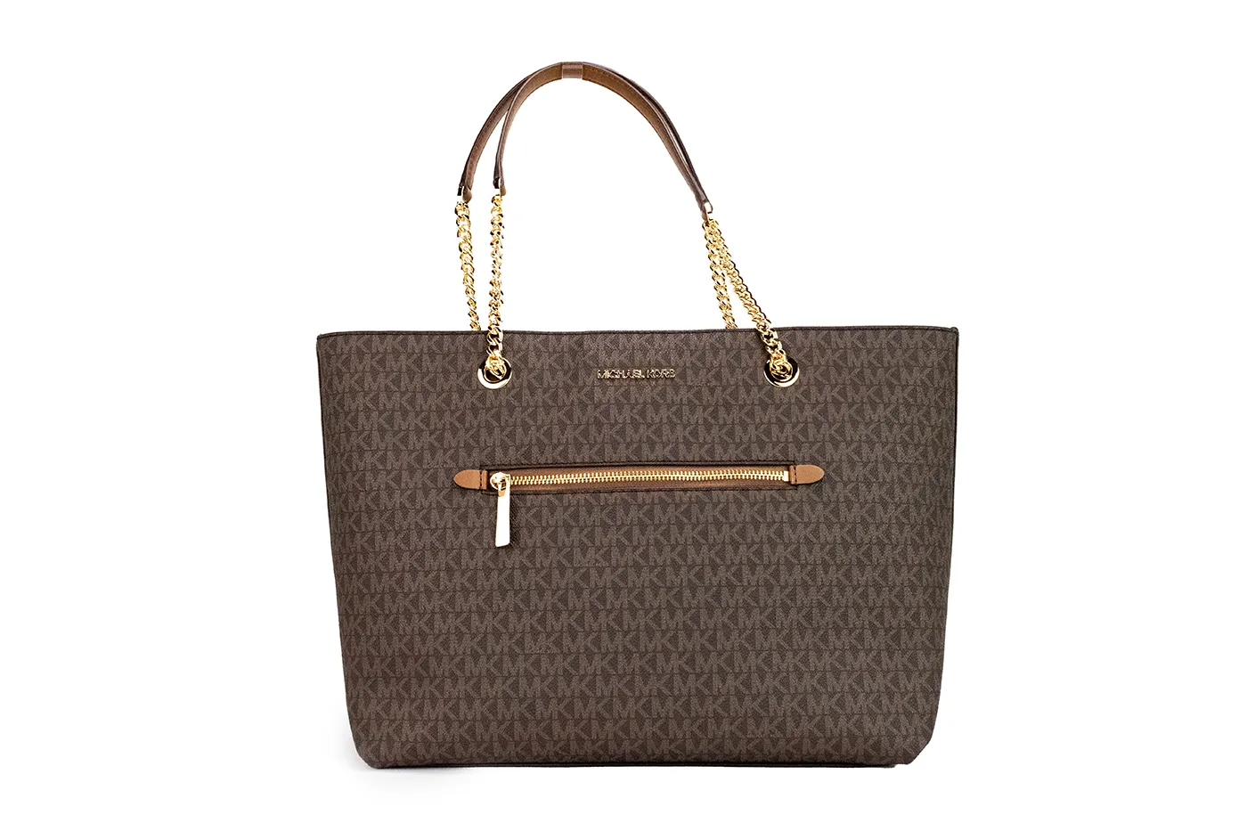 Michael Kors Women's Jet Set Medium Brown Signature PVC Front Zip Chain Tote Bag Purse