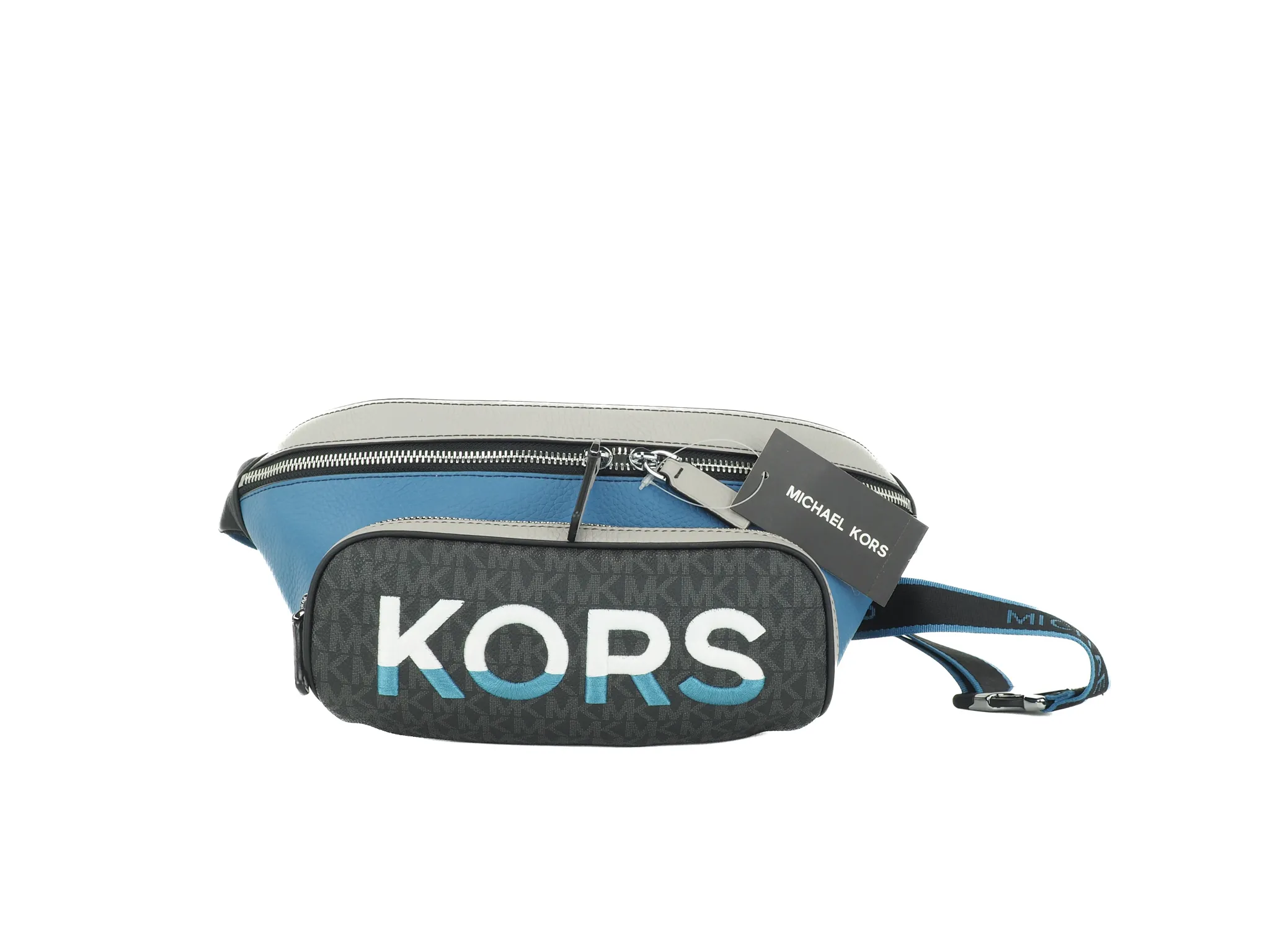 Michael Kors Women's Cooper Large Blue Multi Leather Embroidered Logo Utility Belt Bag