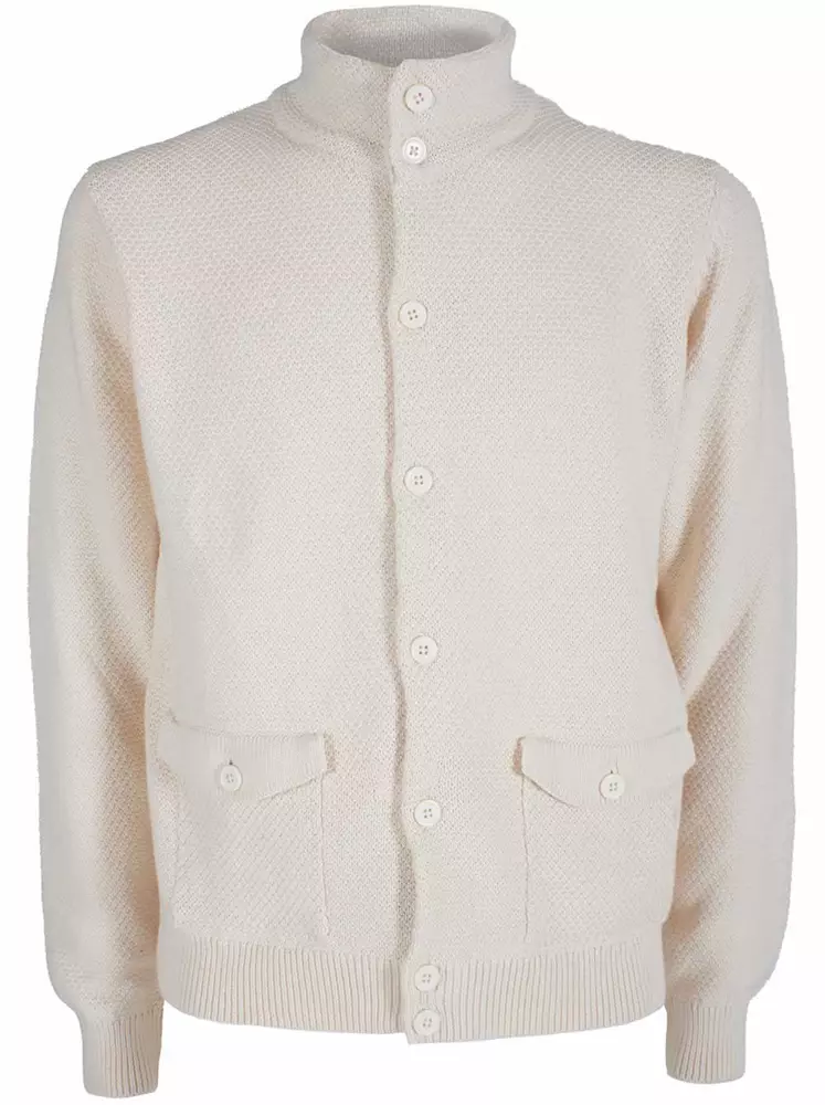 Yes Zee Men's Elegant White Cardigan with Front Pockets
