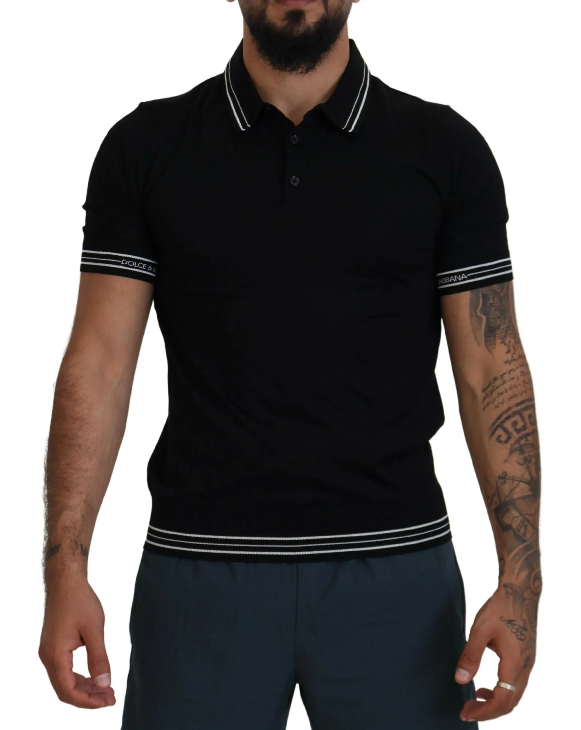Dolce & Gabbana Men's Elegant Black Silk Polo T-Shirt with White Detailing