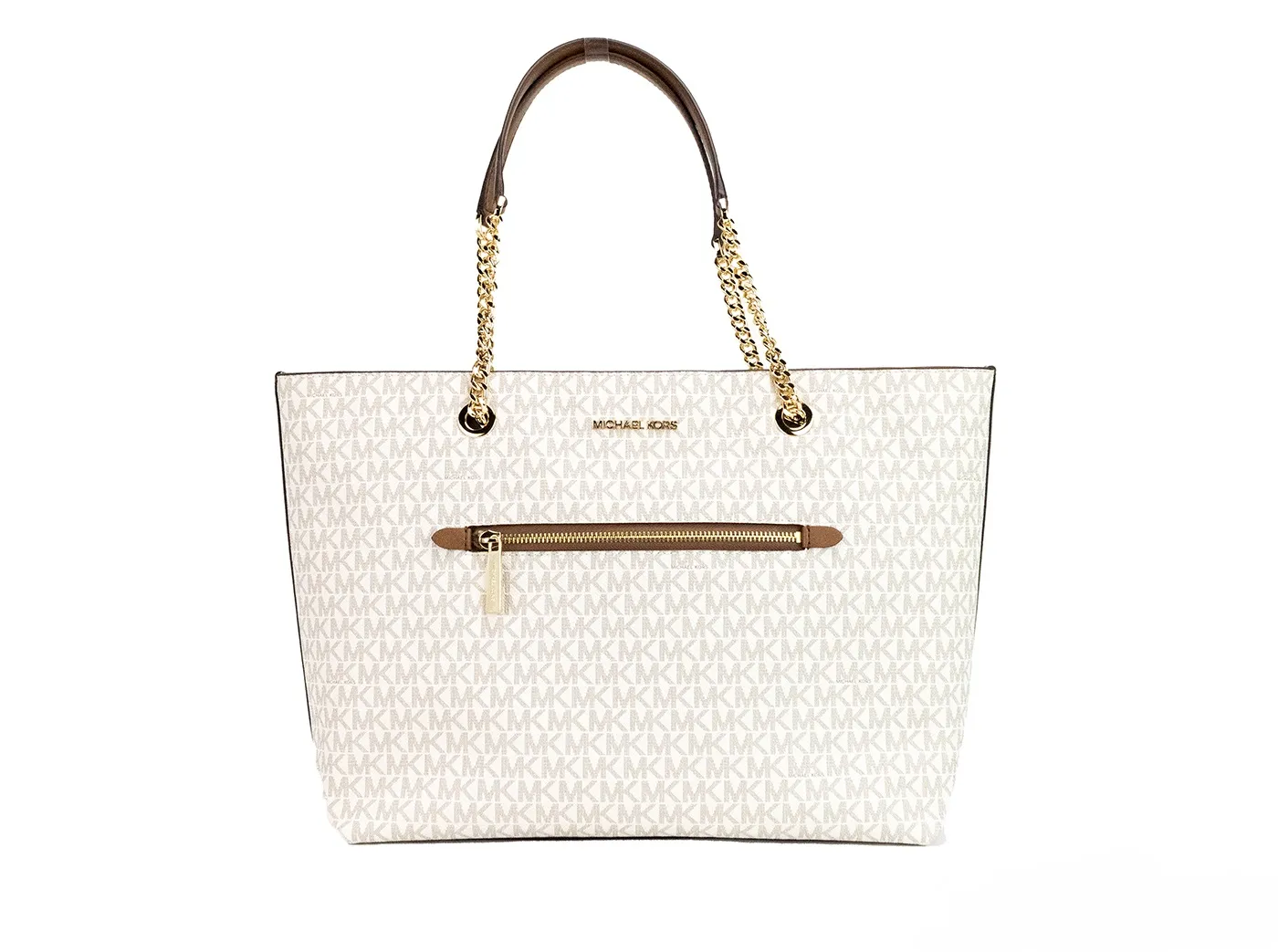 Michael Kors Women's Jet Set Medium Vanilla Signature PVC Front Zip Chain Tote Bag Purse