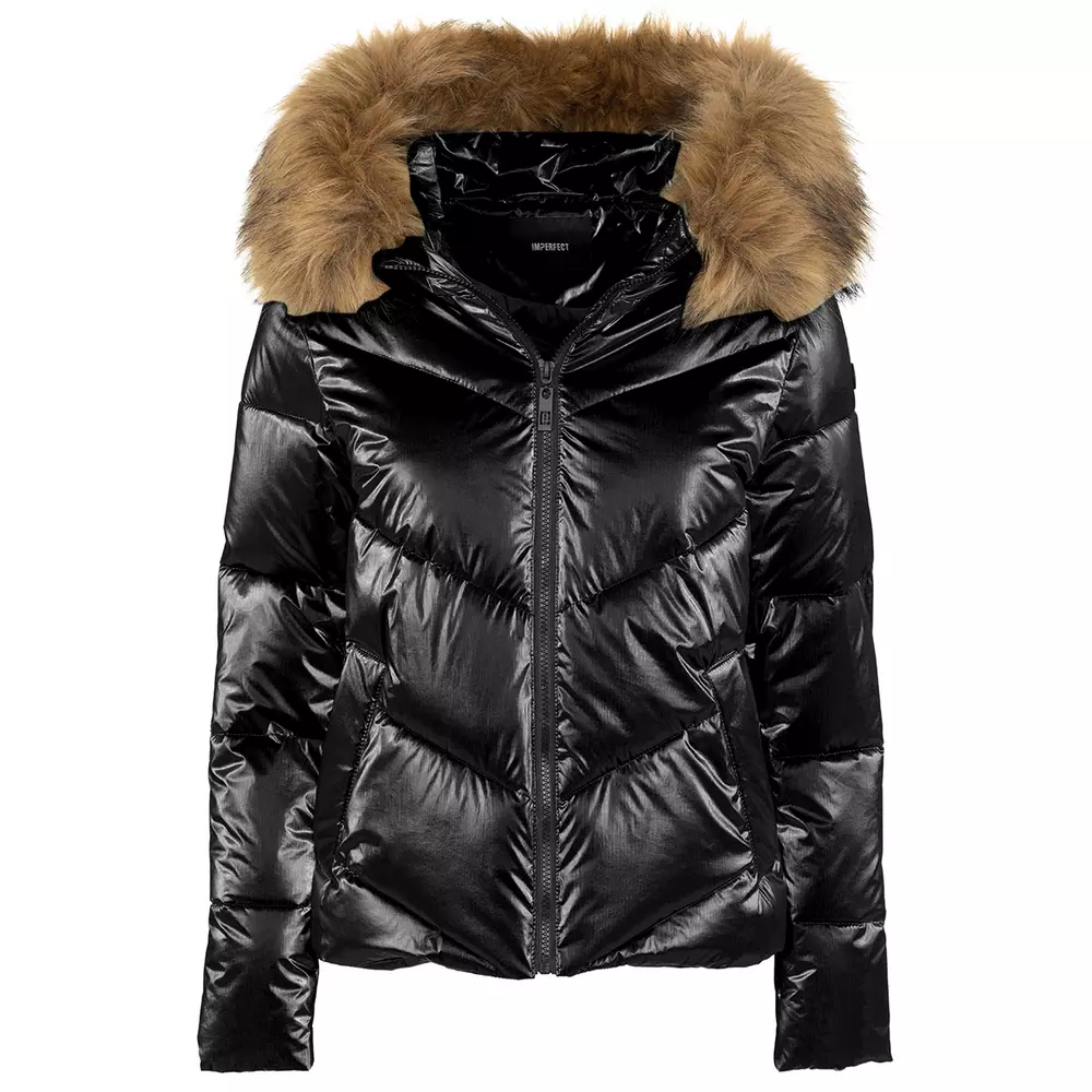 Imperfect Women's Chic Short Hooded Down Jacket with Eco-Fur Detail