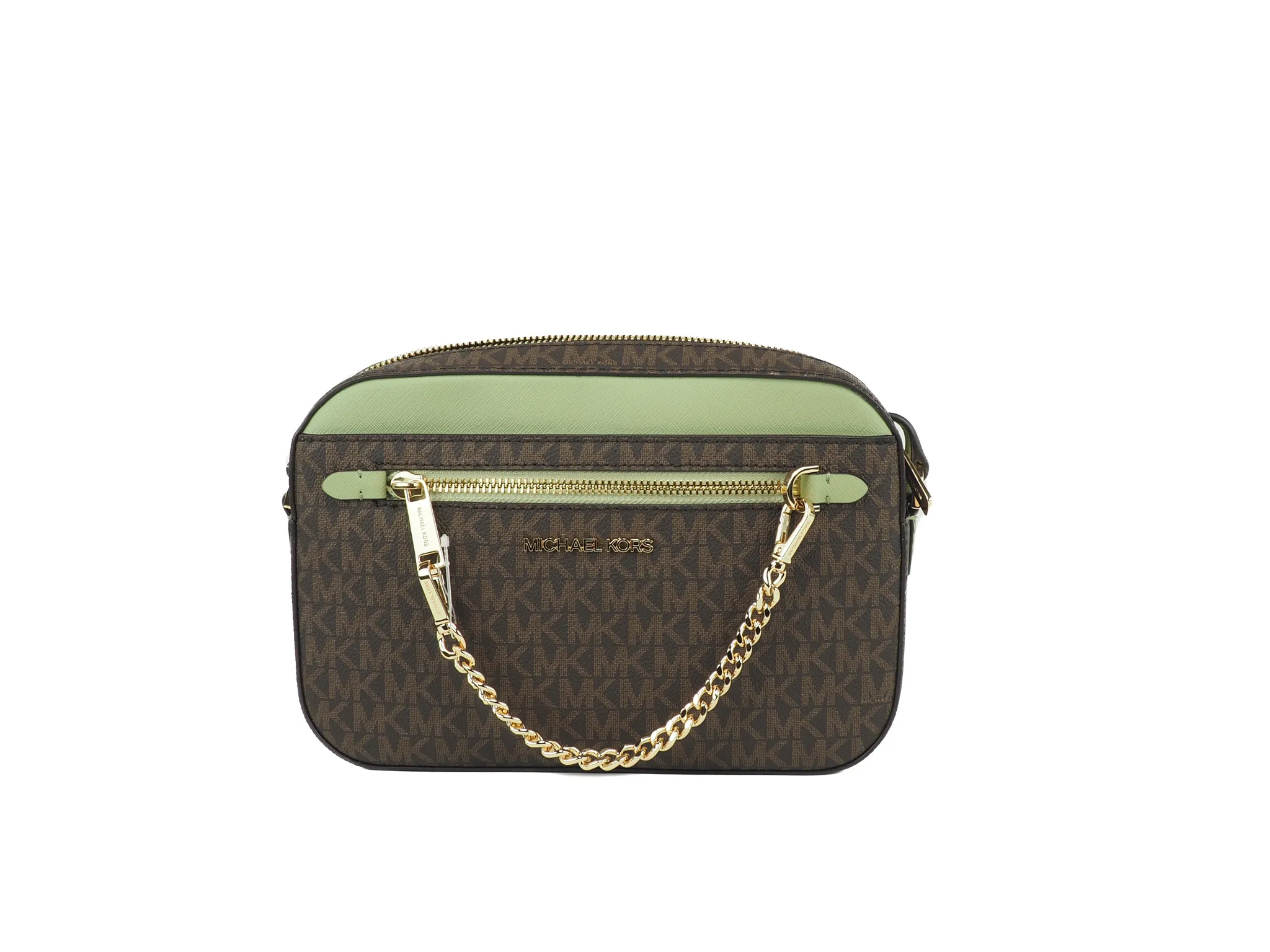 Michael Kors Women's Jet Set Large EW Brown Sage PVC Leather Zip Chain Crossbody Handbag